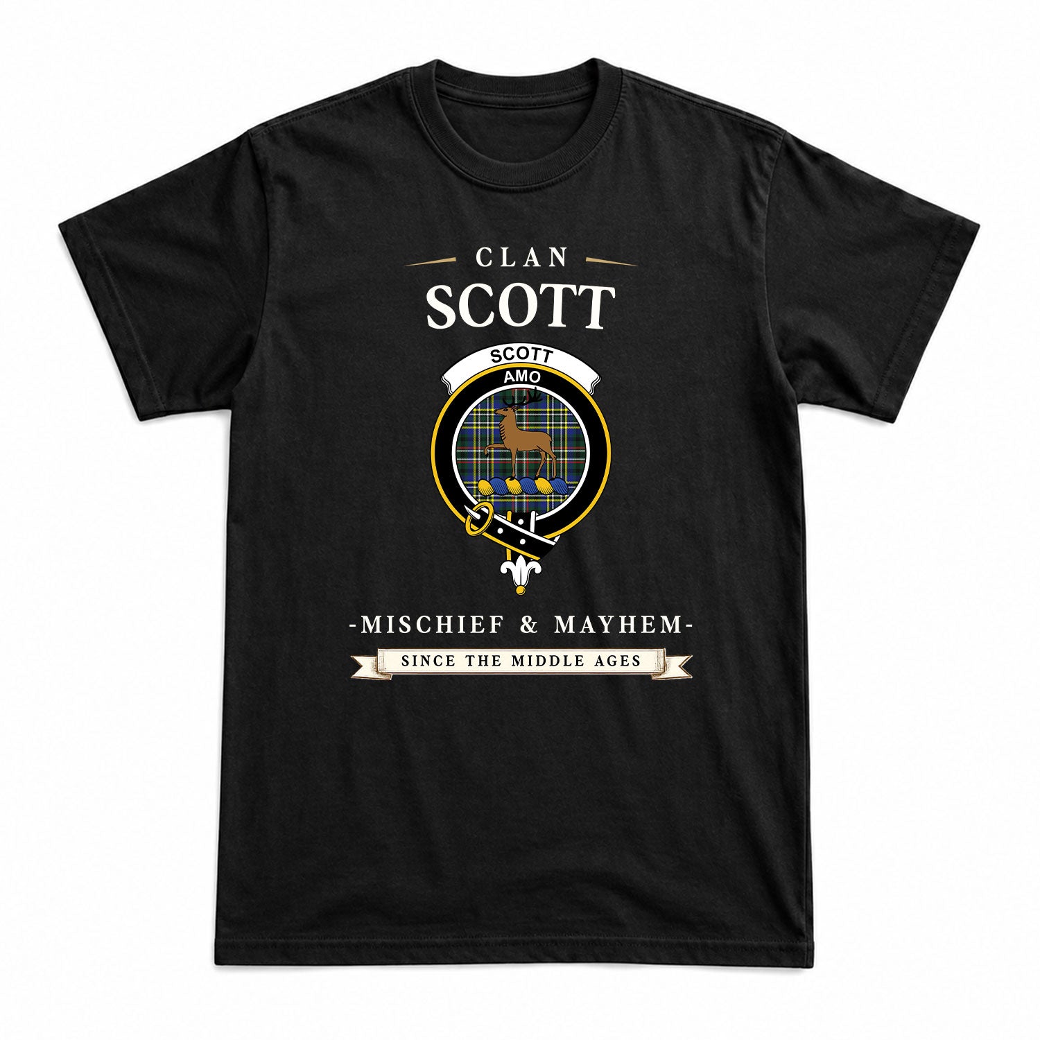 Scott Green Modern Tartan Crest Mischief and Mayhem T-shirt