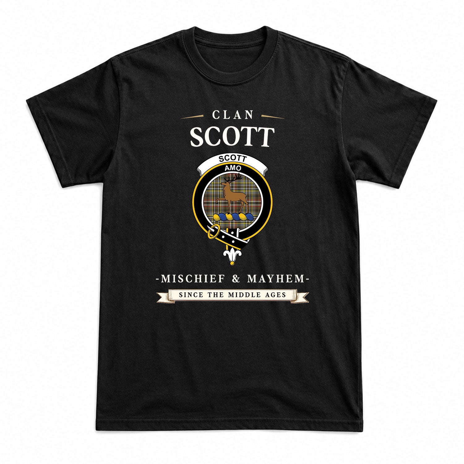 Scott Green Weathered Tartan Crest Mischief and Mayhem T-shirt