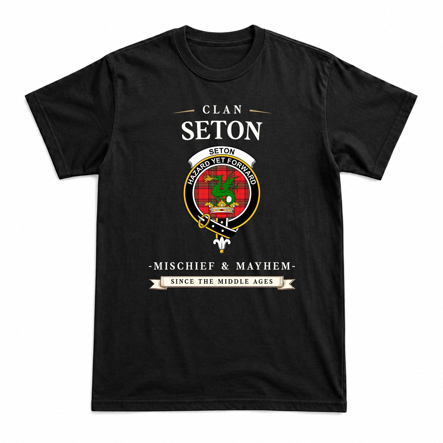 Seton Modern Tartan Crest Mischief and Mayhem T-shirt