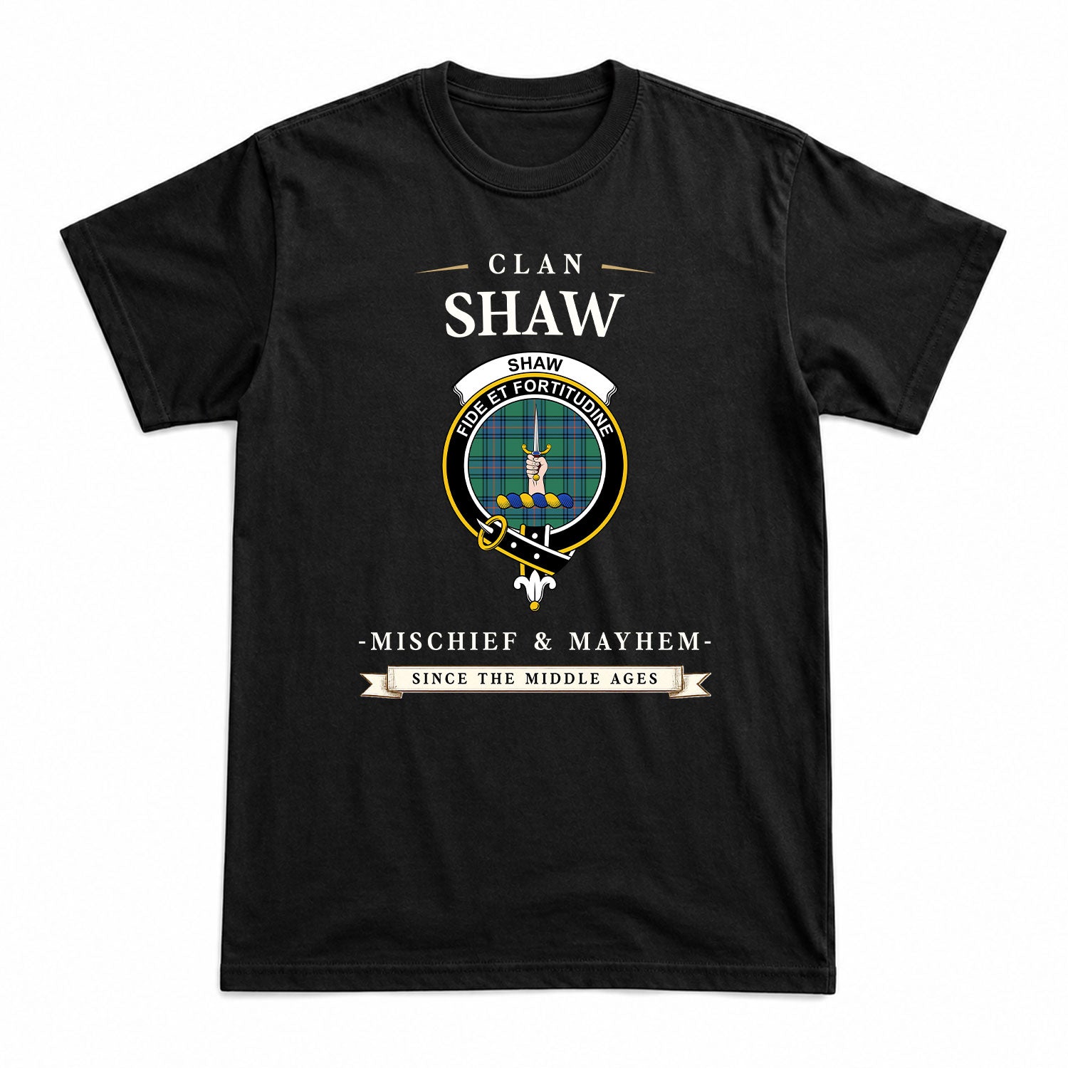 Shaw Ancient Tartan Crest Mischief and Mayhem T-shirt