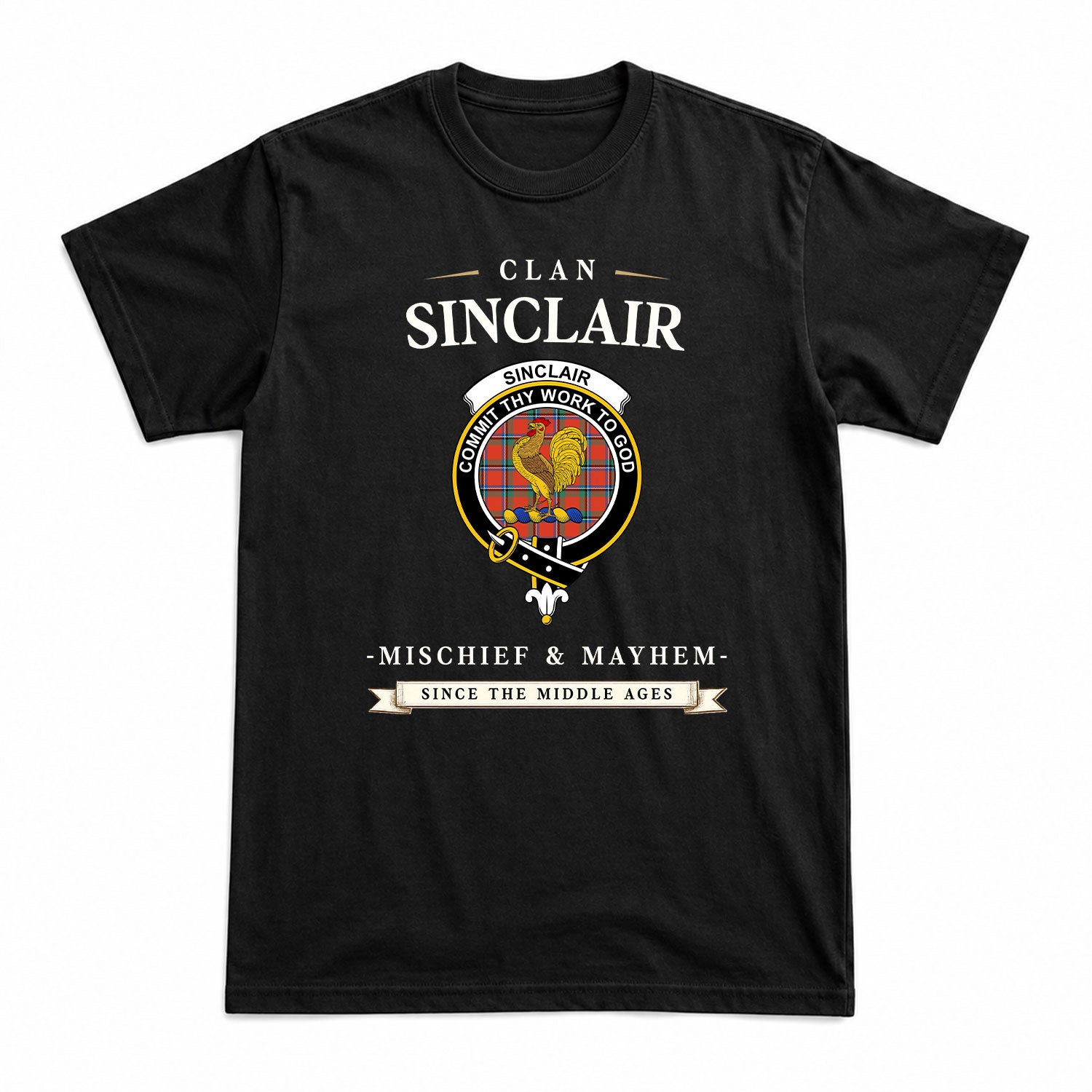Sinclair Ancient Tartan Crest Mischief and Mayhem T-shirt
