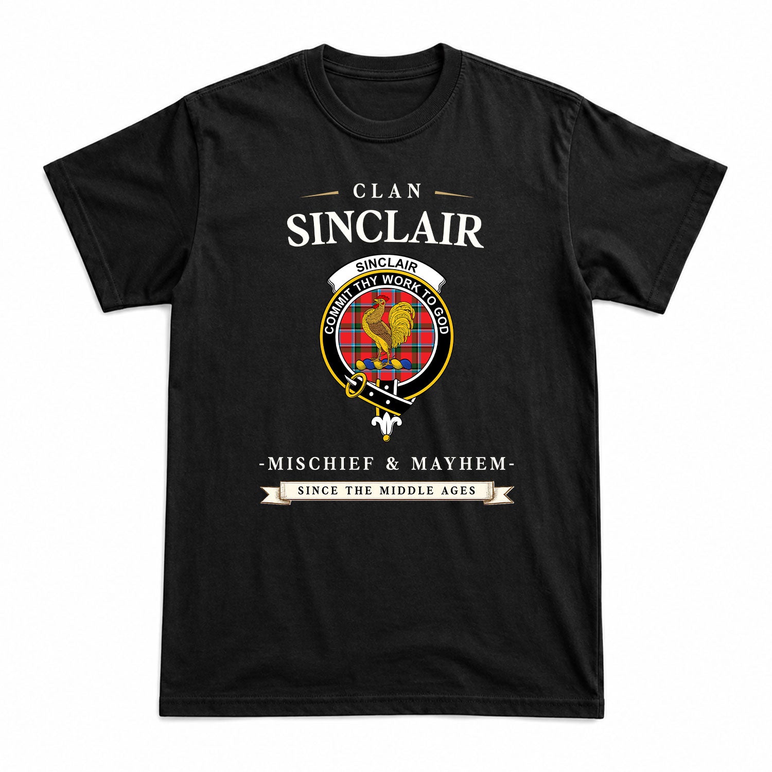 Sinclair Modern Tartan Crest Mischief and Mayhem T-shirt