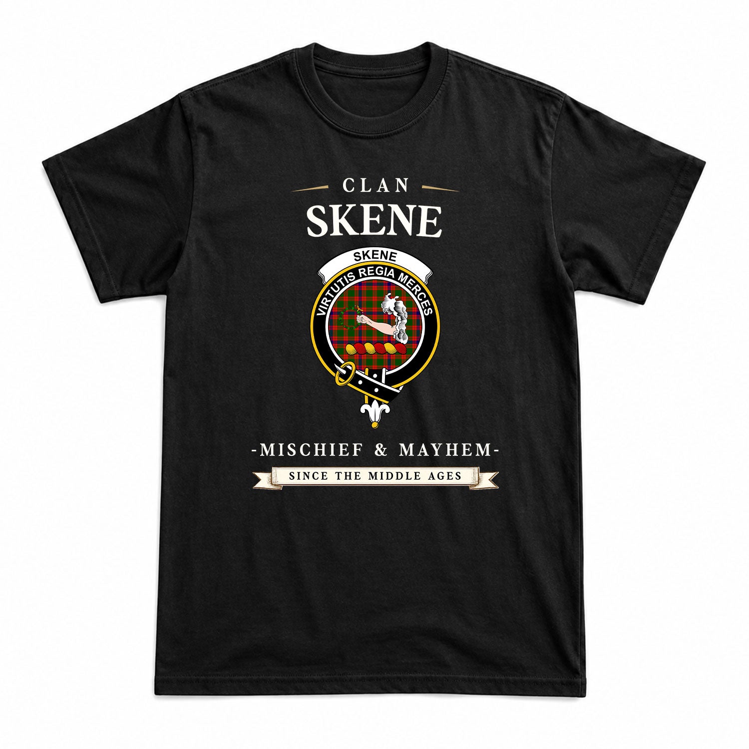 Skene Modern Tartan Crest Mischief and Mayhem T-shirt