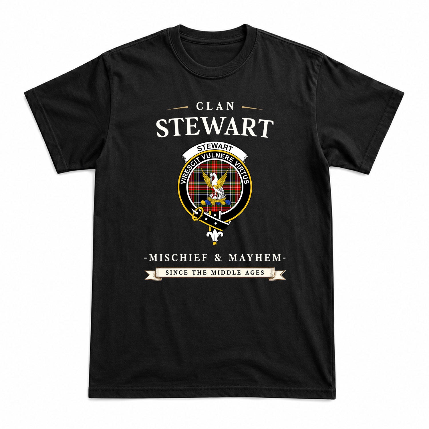 Stewart Black Tartan Crest Mischief and Mayhem T-shirt