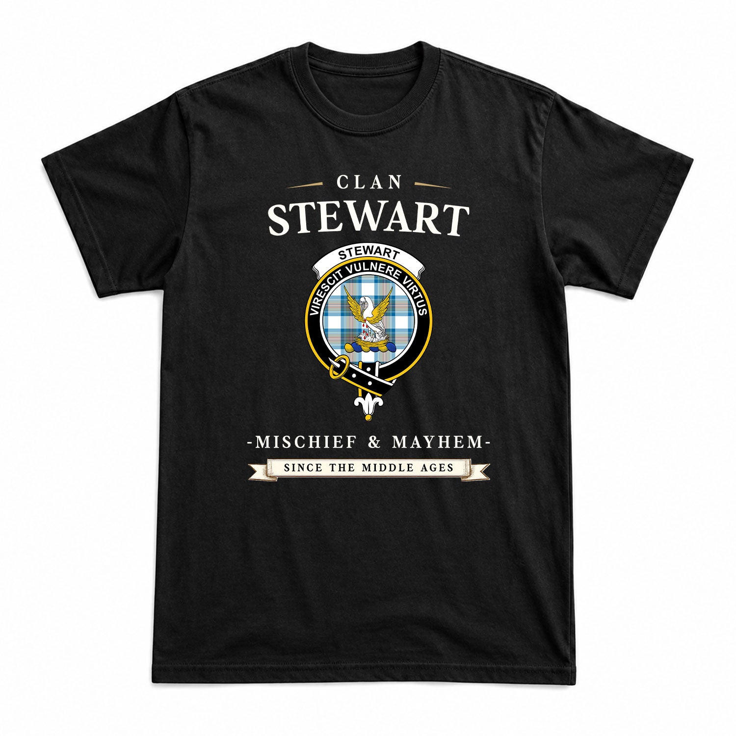 Stewart Muted Blue Tartan Crest Mischief and Mayhem T-shirt
