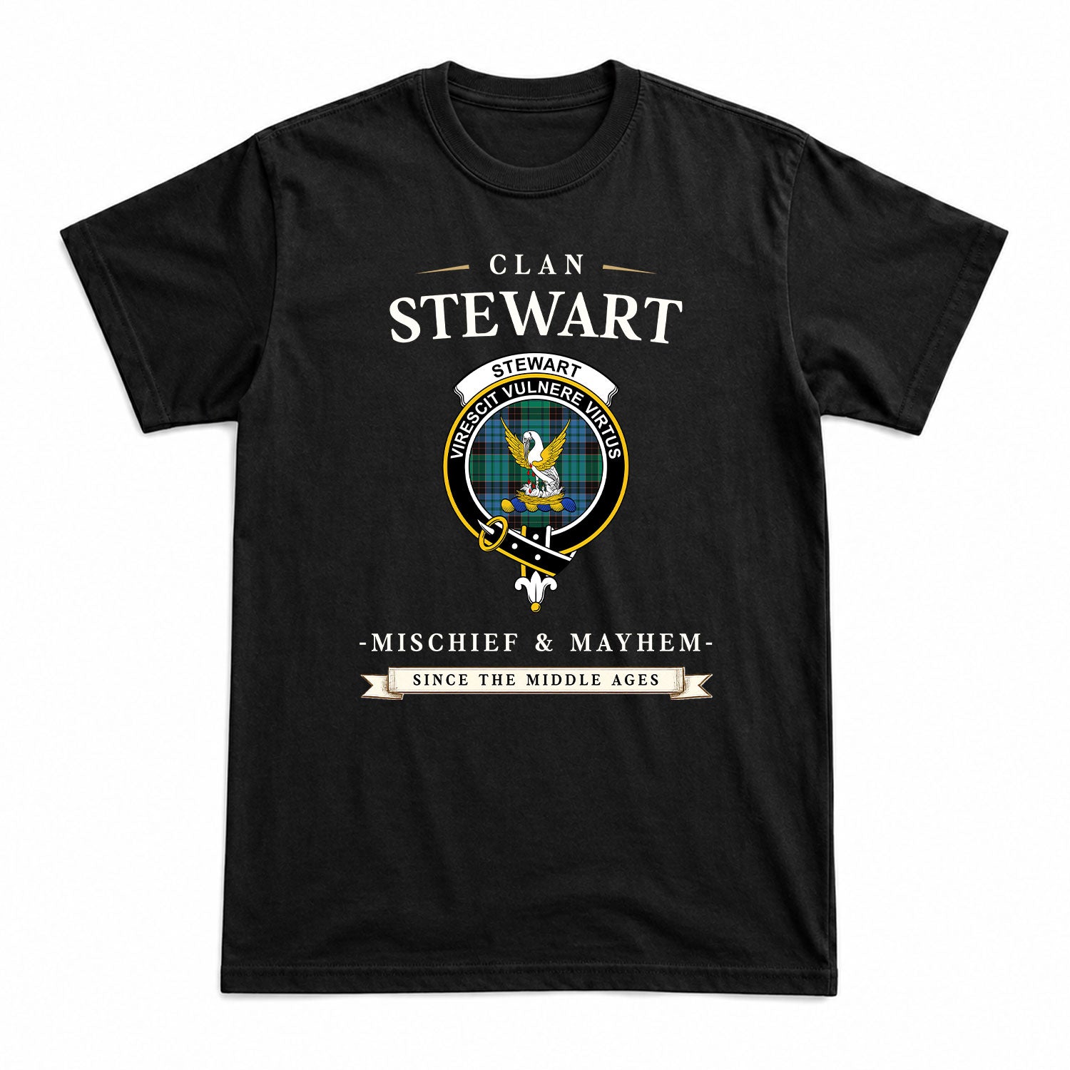 Stewart Old Ancient Tartan Crest Mischief and Mayhem T-shirt