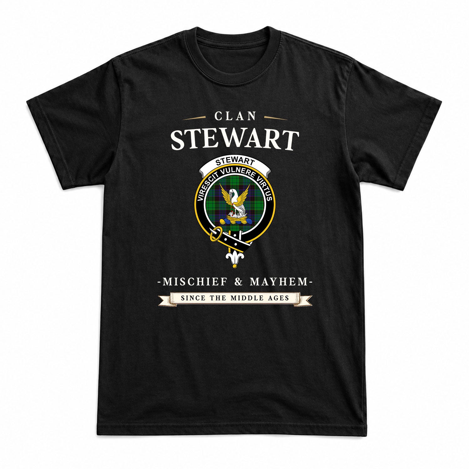 Stewart Old Modern Tartan Crest Mischief and Mayhem T-shirt