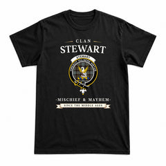 Stewart Old Weathered Tartan Crest Mischief and Mayhem T-shirt