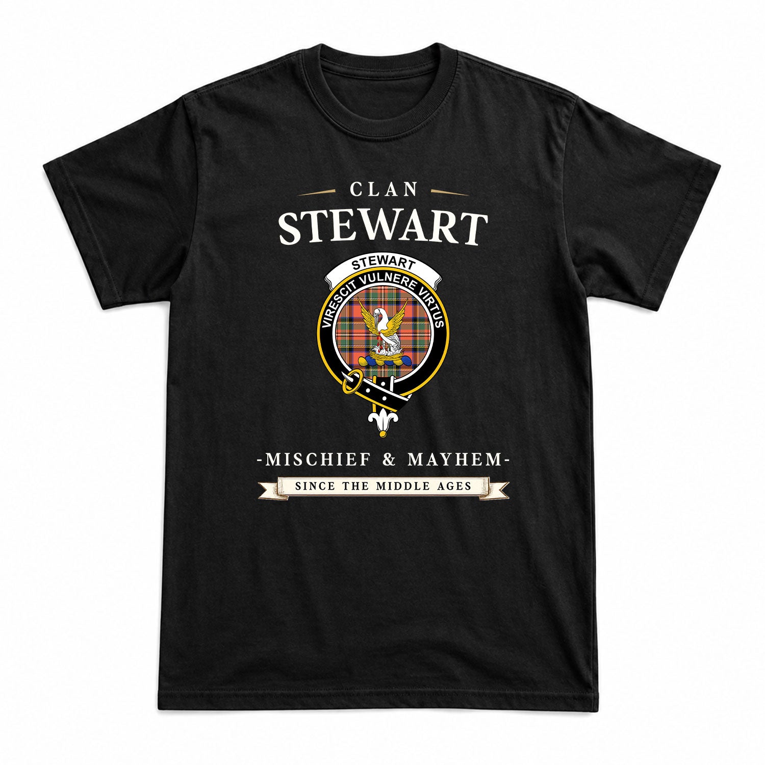 Stewart Royal Ancient Tartan Crest Mischief and Mayhem T-shirt