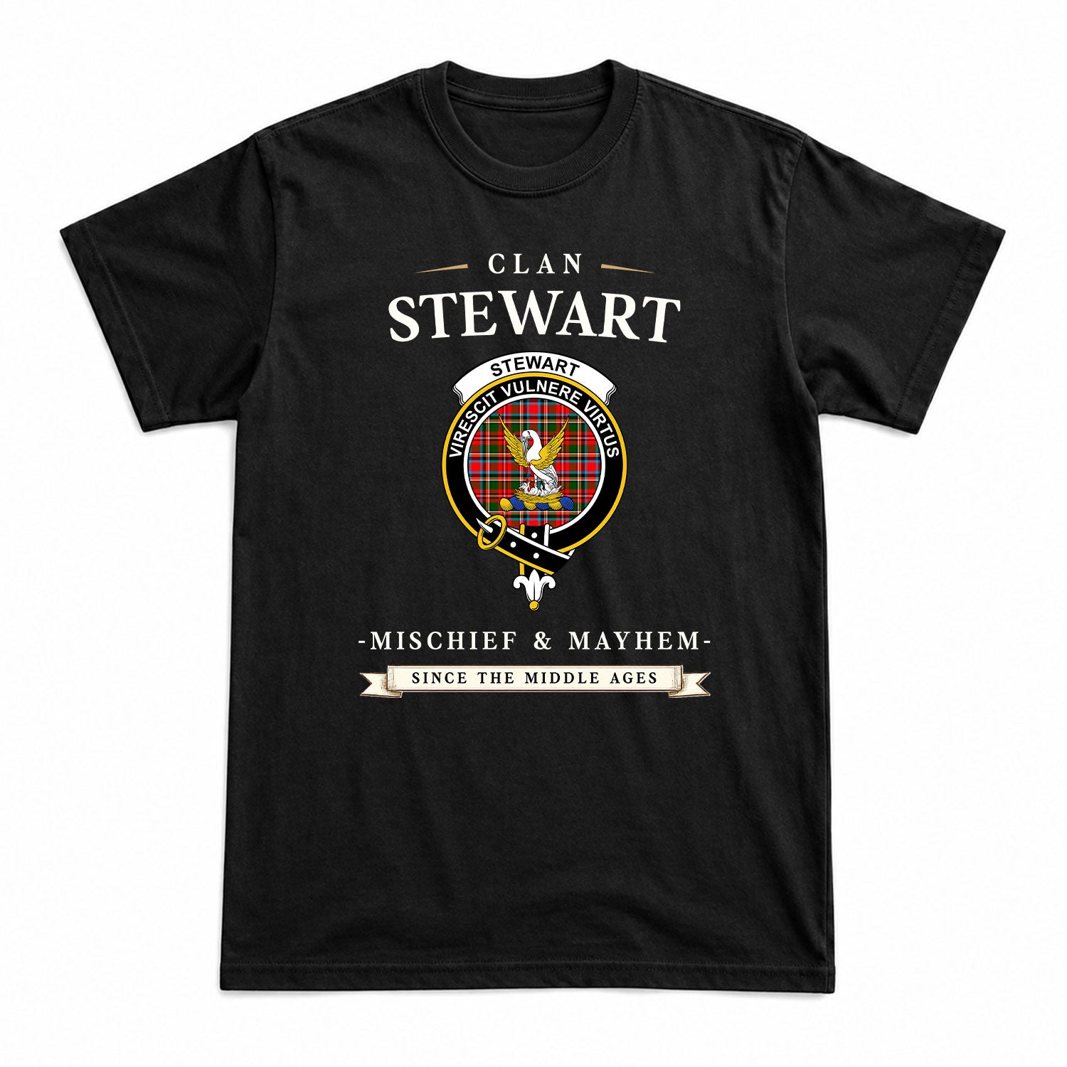 Stewart Royal Tartan Crest Mischief and Mayhem T-shirt