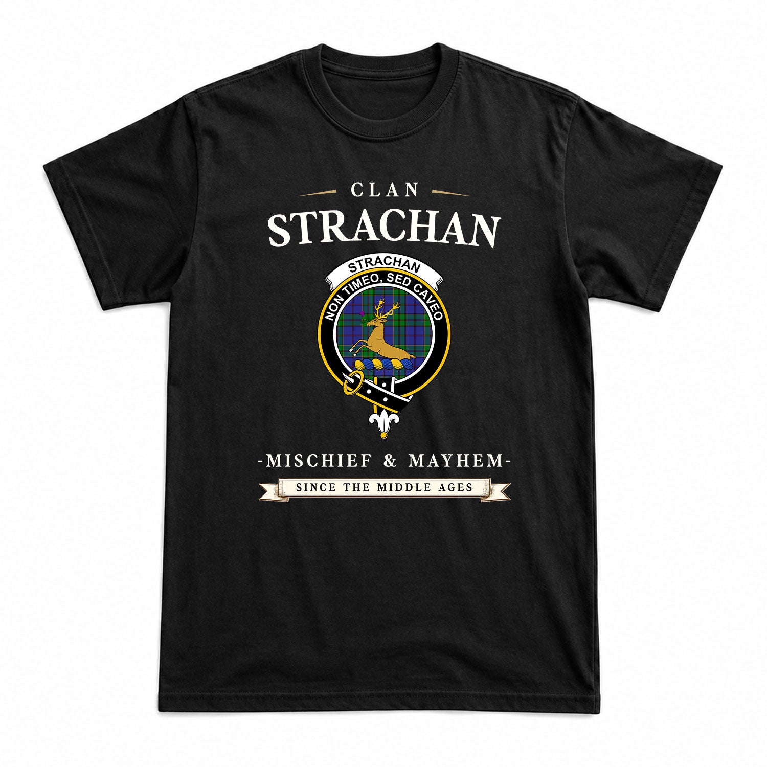 Strachan Tartan Crest Mischief and Mayhem T-shirt