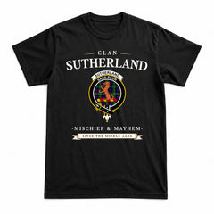 Sutherland Modern Tartan Crest Mischief and Mayhem T-shirt