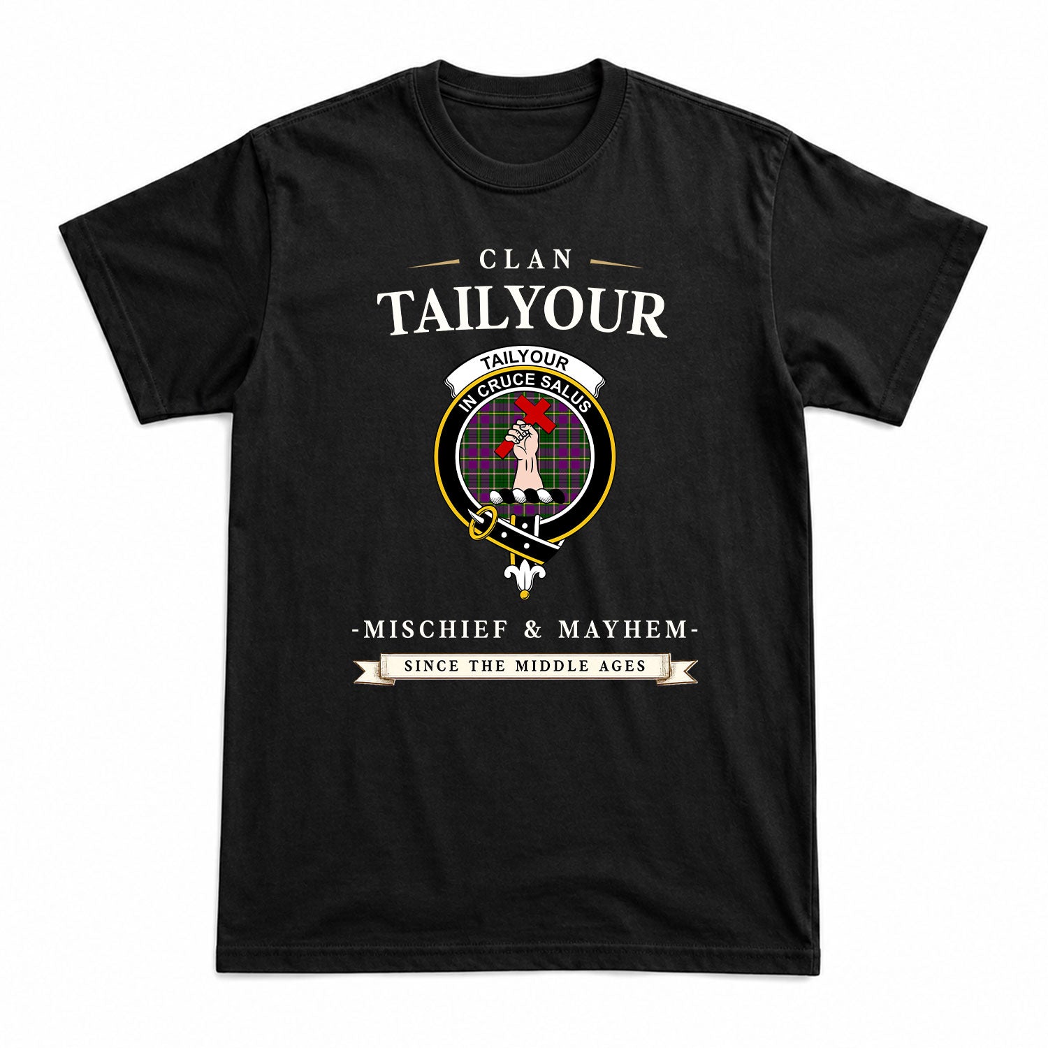 Tailyour (or Taylor) Tartan Crest Mischief and Mayhem T-shirt
