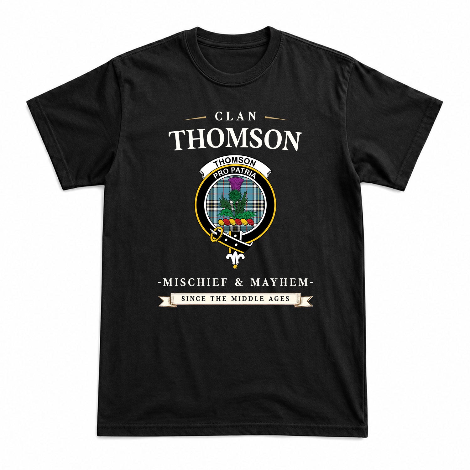 Thomson Blue Tartan Crest Mischief and Mayhem T-shirt