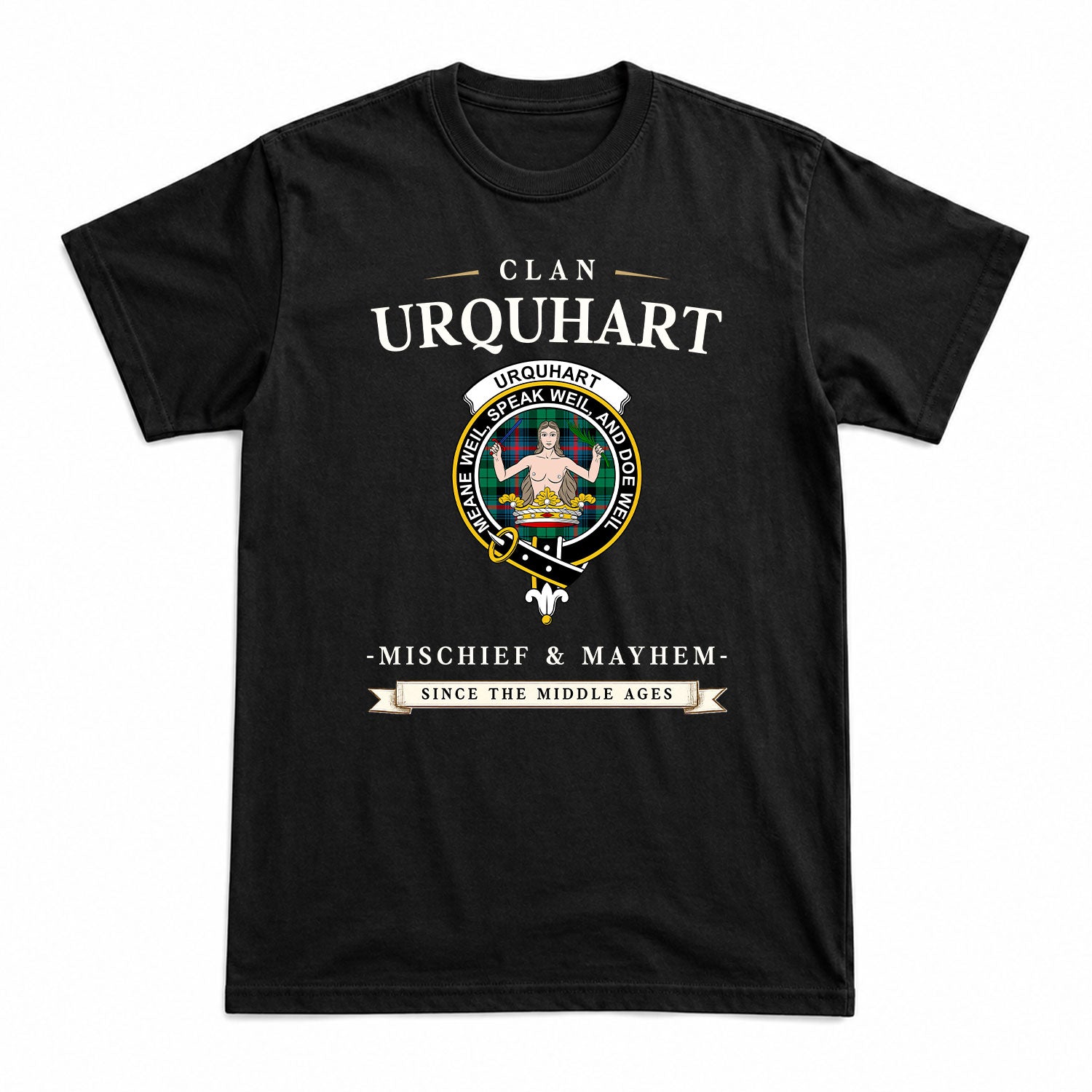 Urquhart Broad Red Ancient Tartan Crest Mischief and Mayhem T-shirt