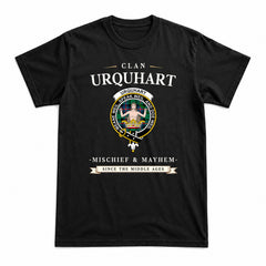 Urquhart Broad Red Ancient Tartan Crest Mischief and Mayhem T-shirt