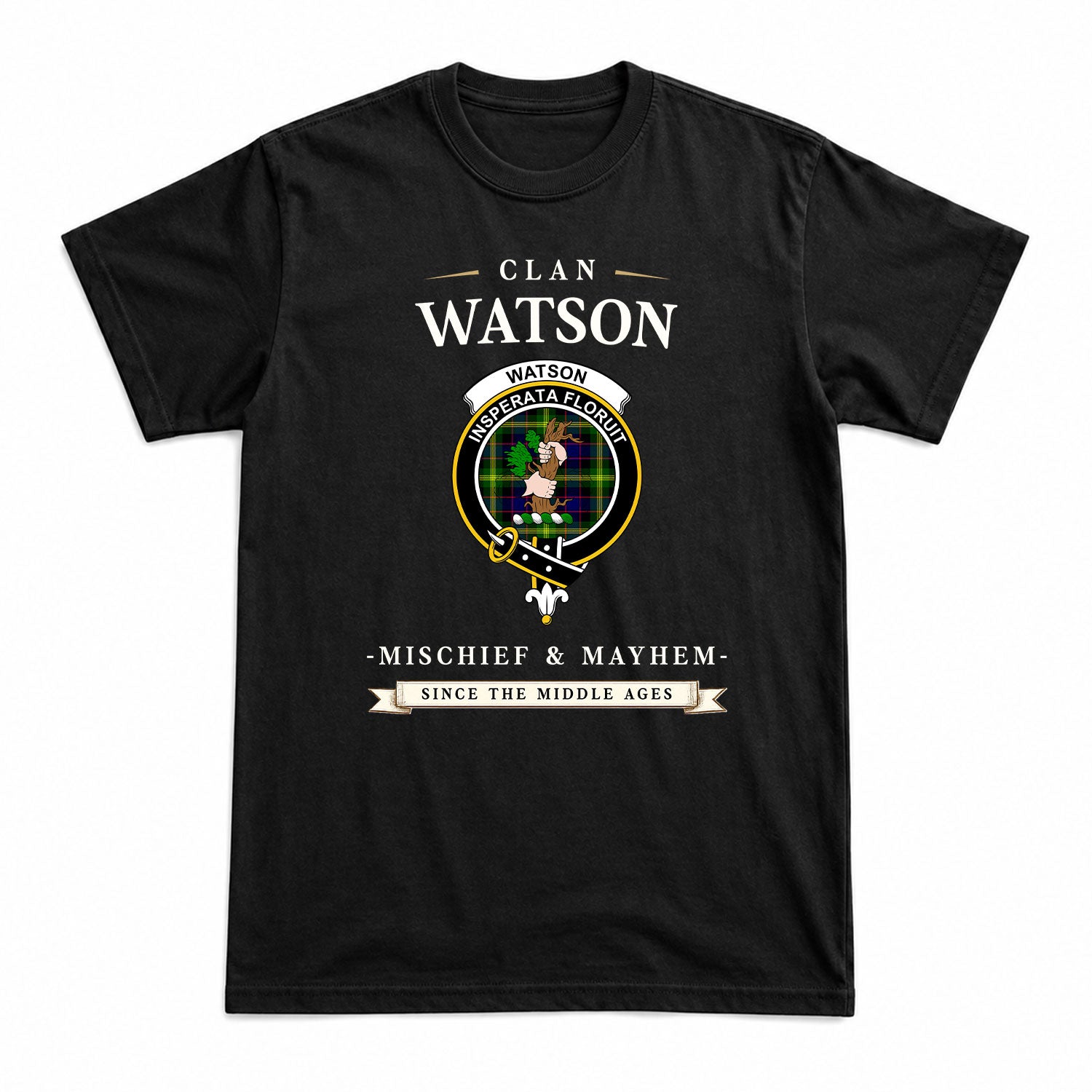 Watson Modern Tartan Crest Mischief and Mayhem T-shirt