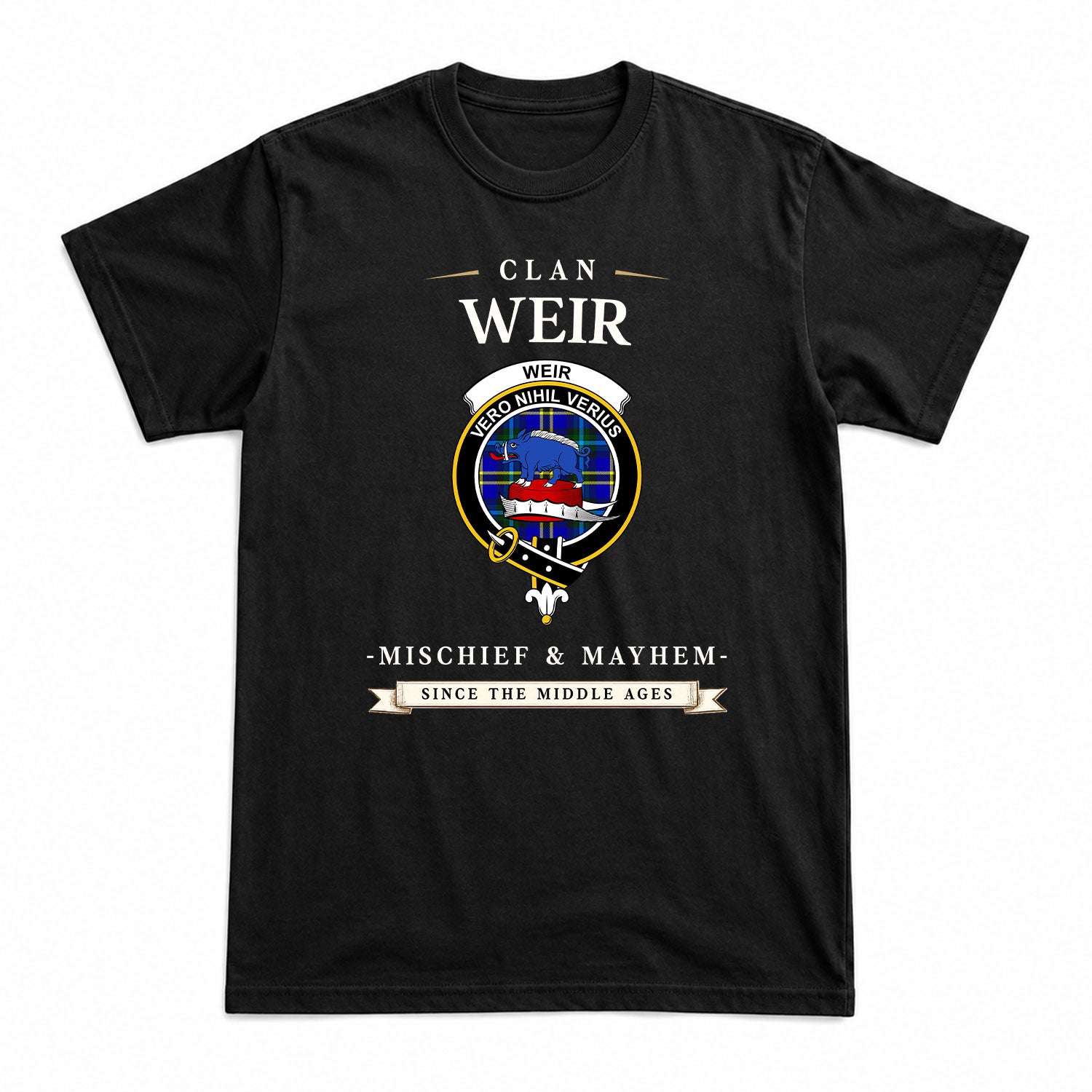 Weir Modern Tartan Crest Mischief and Mayhem T-shirt