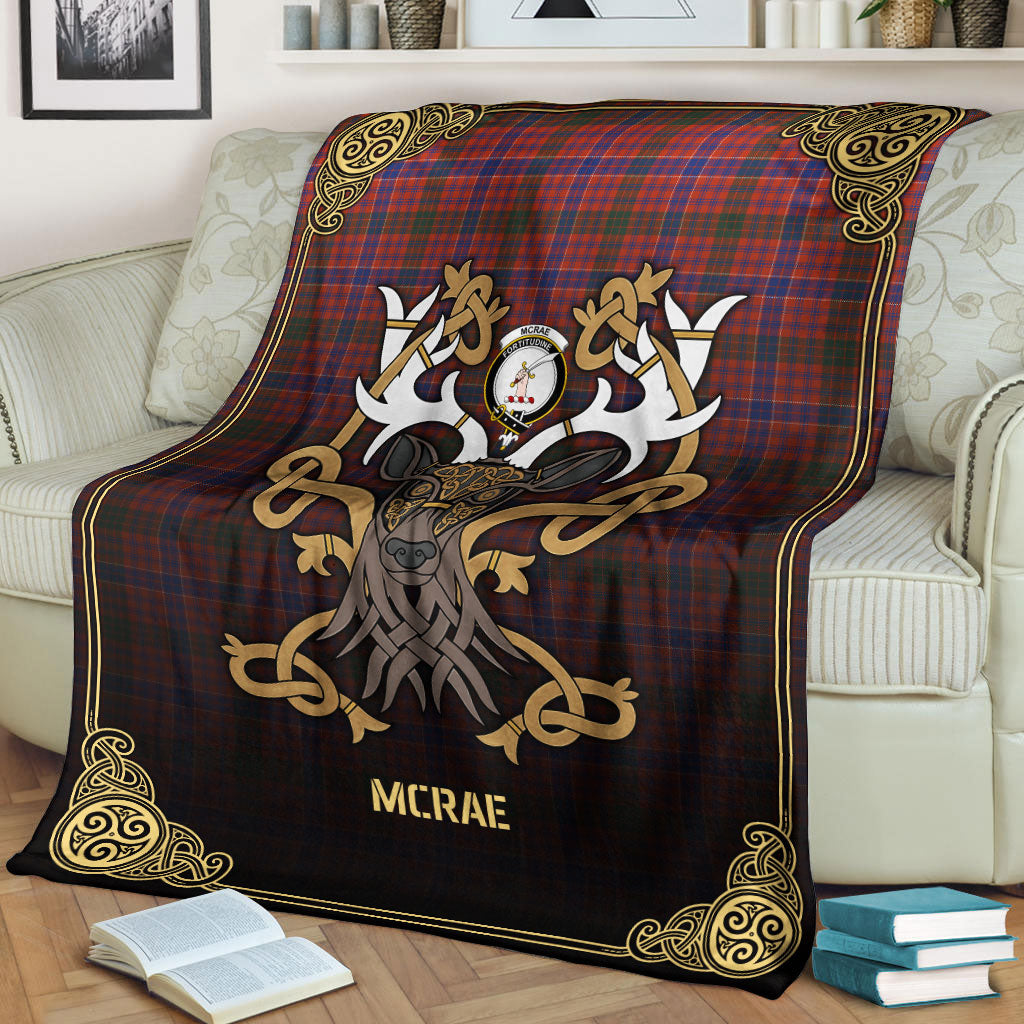 McRae Ancient Tartan Crest Premium Blanket - Celtic Stag style