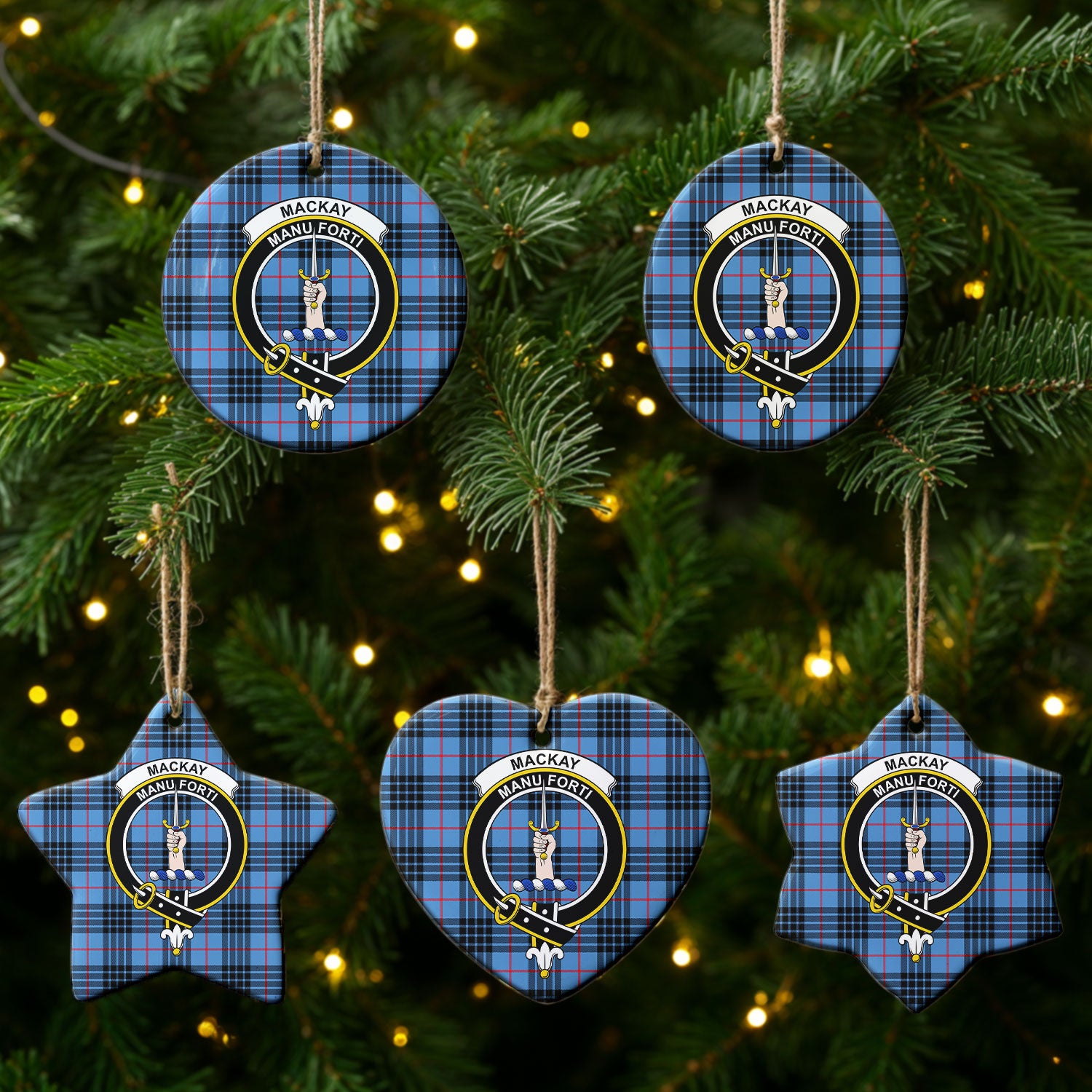 MacKay Blue Tartan Crest Christmas Ceramic Ornament
