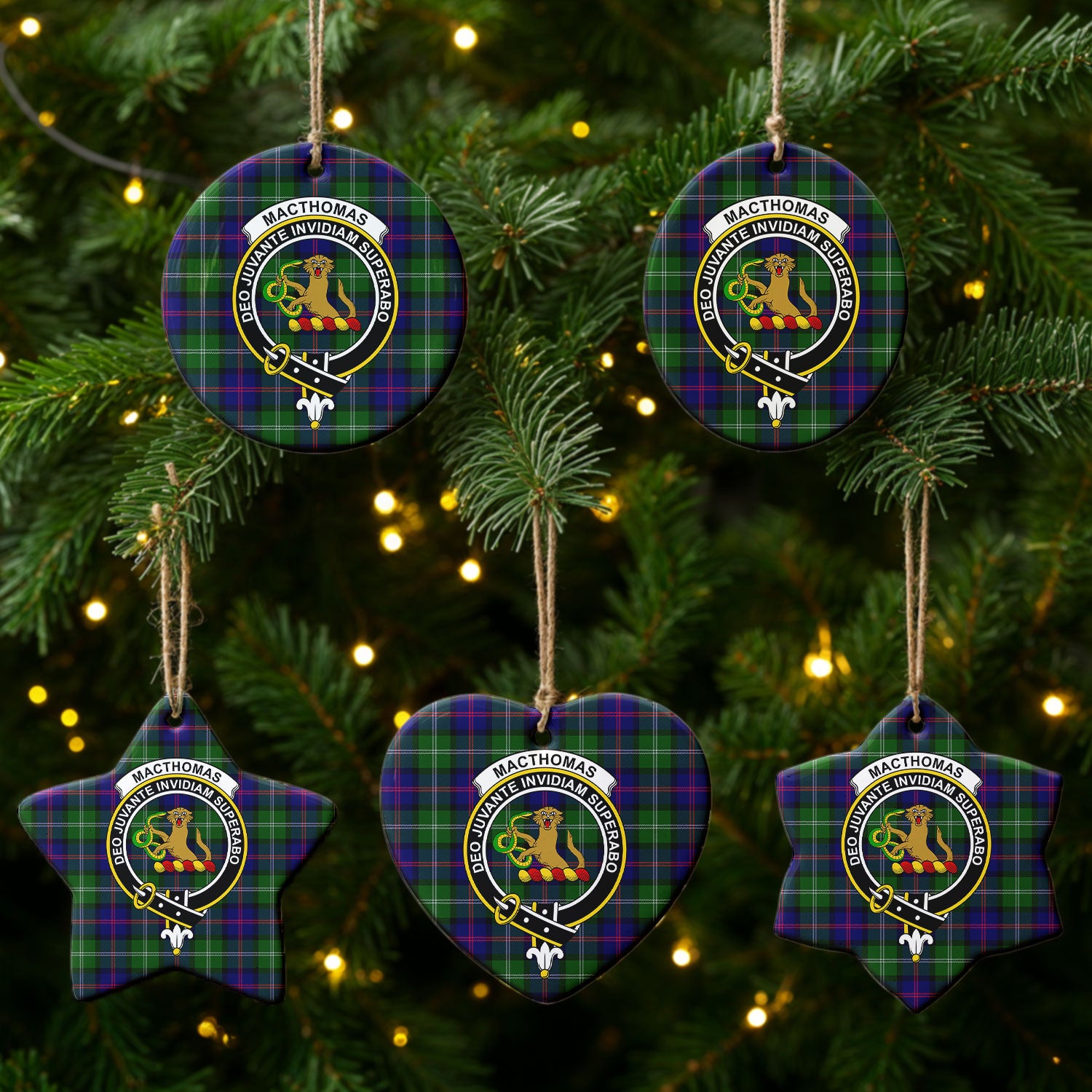 MacThomas Modern Tartan Crest Christmas Ceramic Ornament