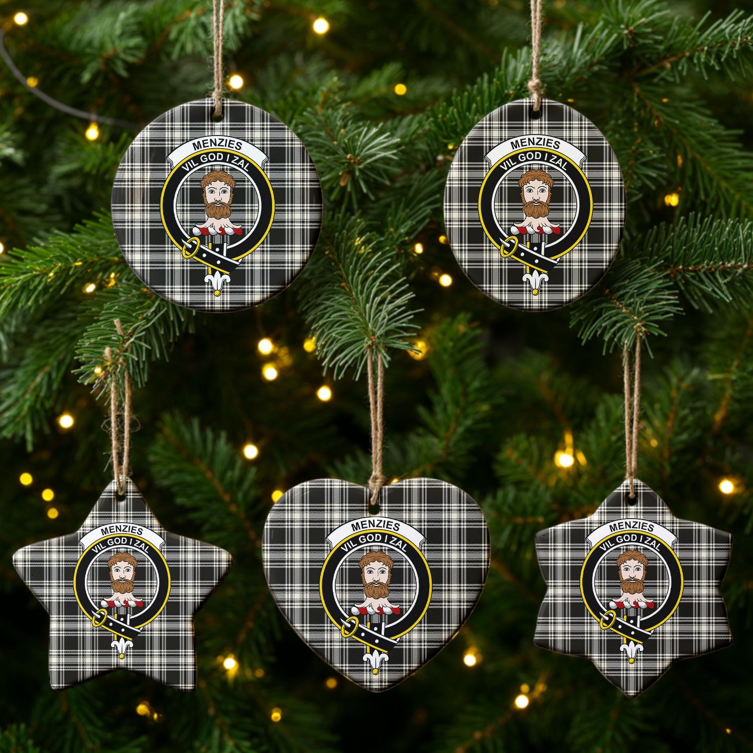 Menzies Black - White Ancient Tartan Crest Christmas Ceramic Ornament