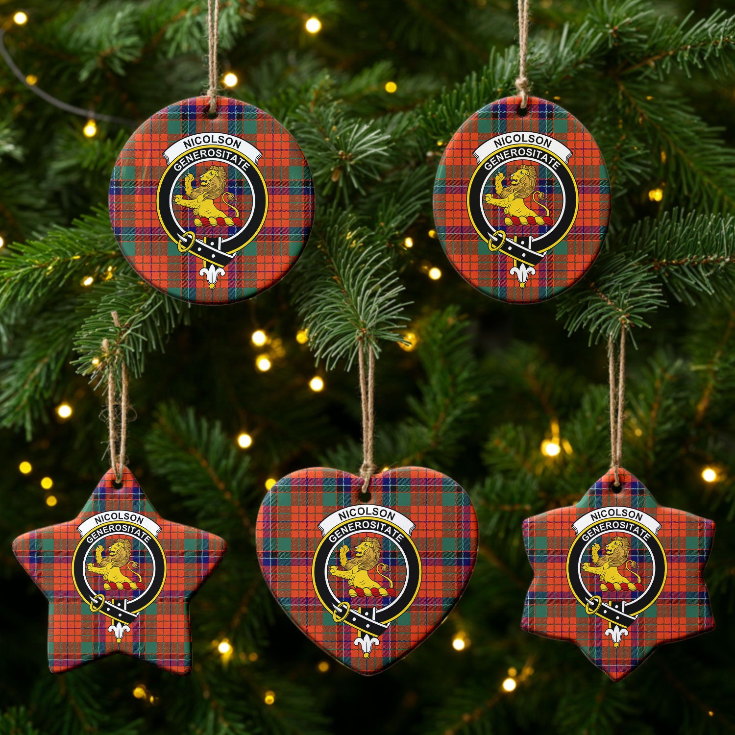 Nicolson Ancient Old Tartan Crest Christmas Ceramic Ornament