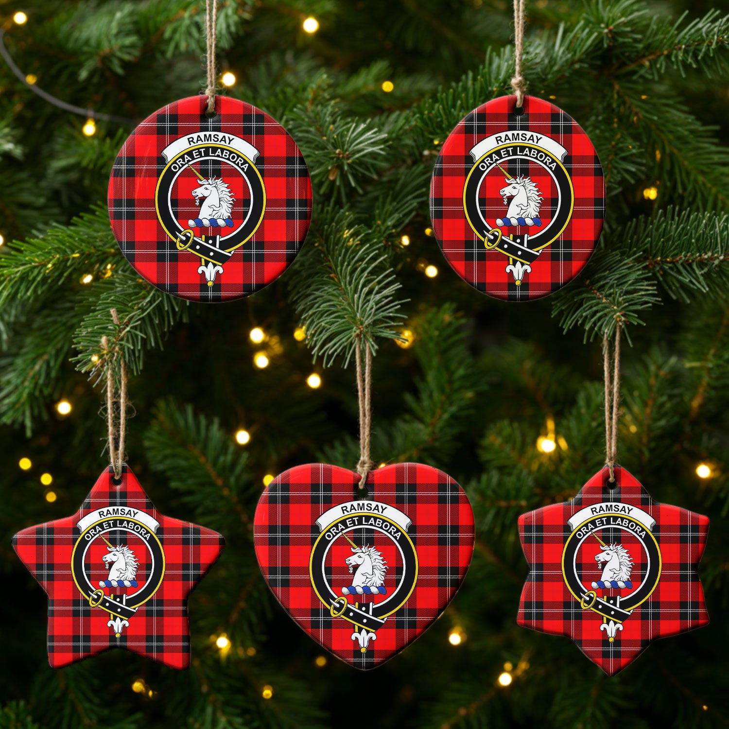 Ramsay Modern Tartan Crest Christmas Ceramic Ornament