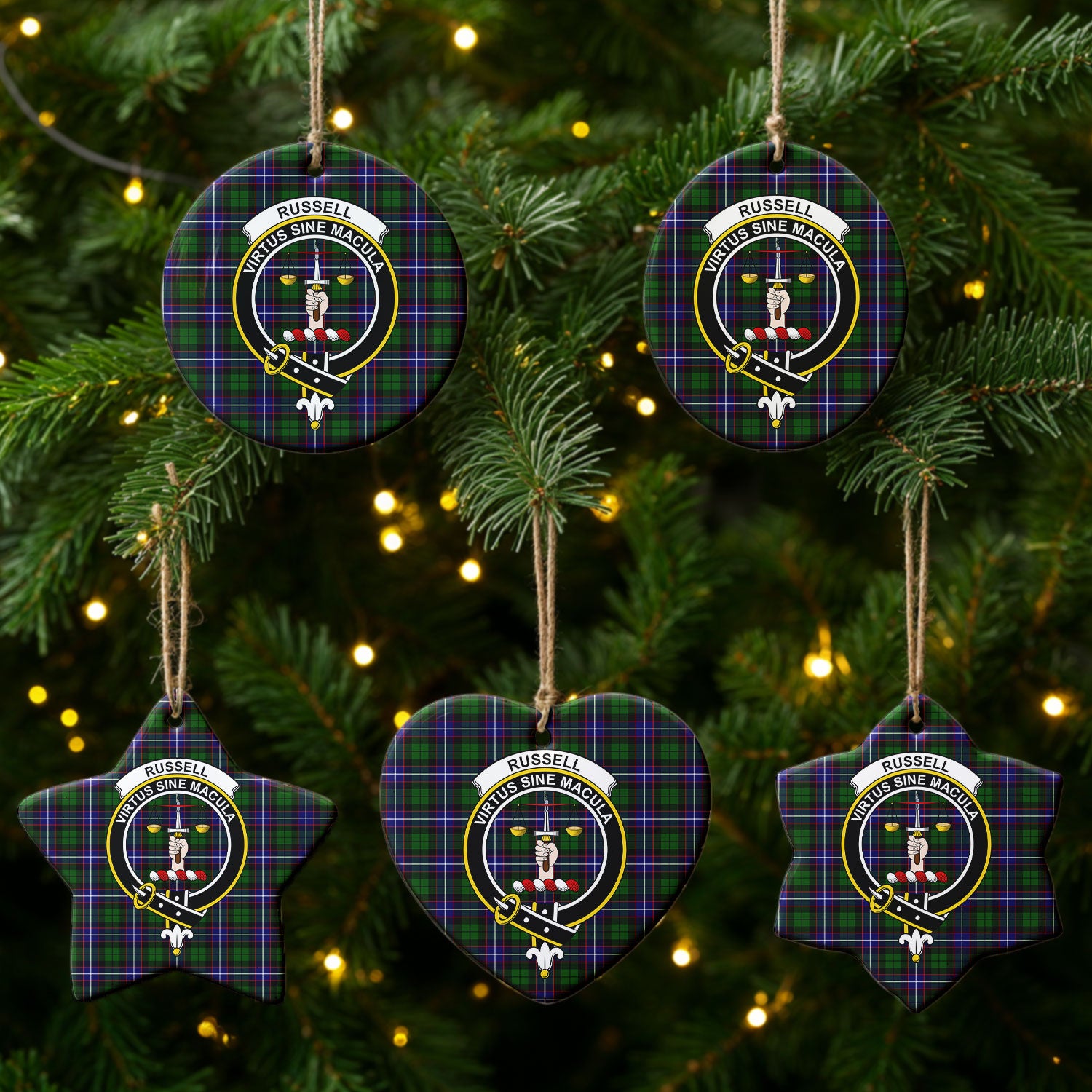 Russell Modern Tartan Crest Christmas Ceramic Ornament