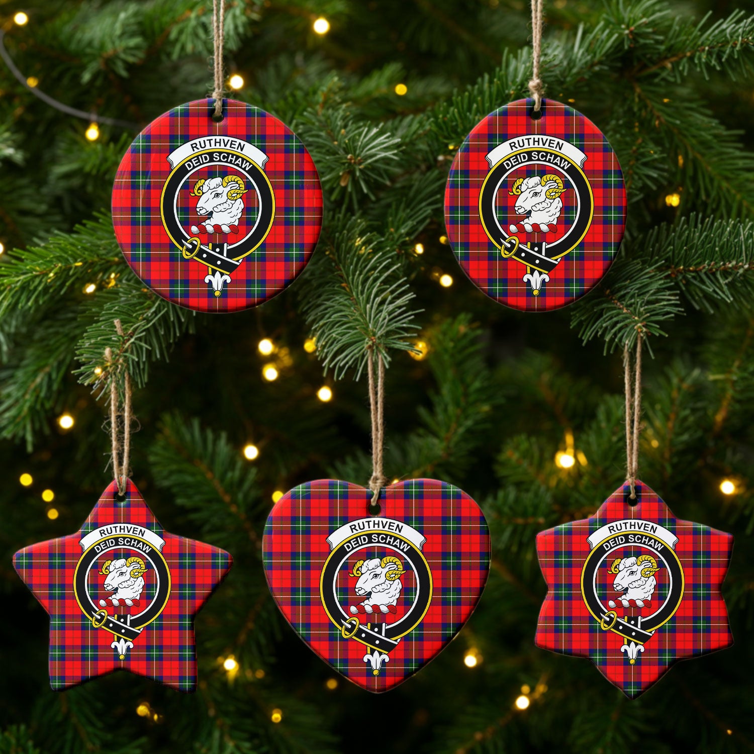 Ruthven Modern Tartan Crest Christmas Ceramic Ornament