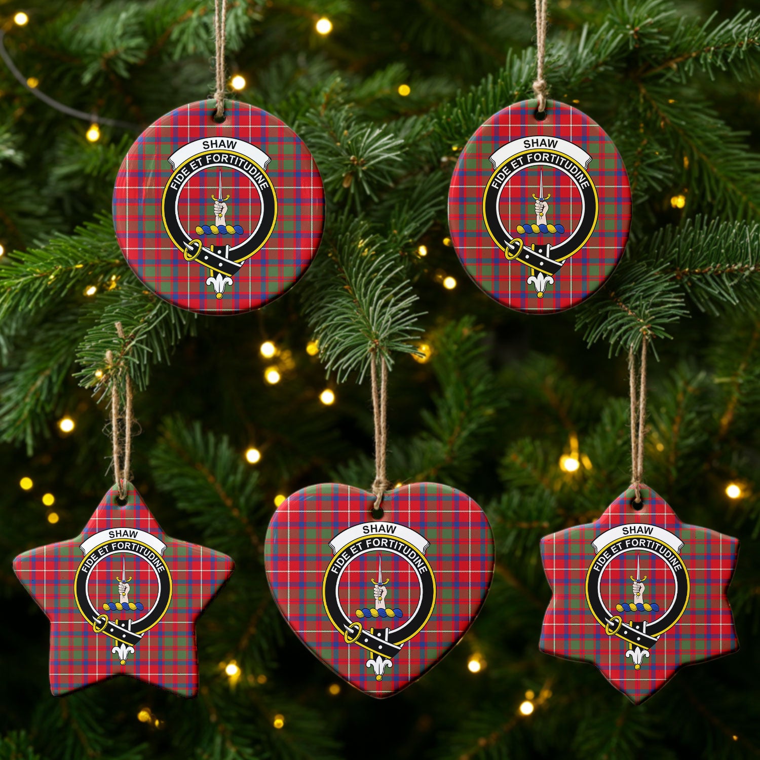 Shaw Red Modern Tartan Crest Christmas Ceramic Ornament