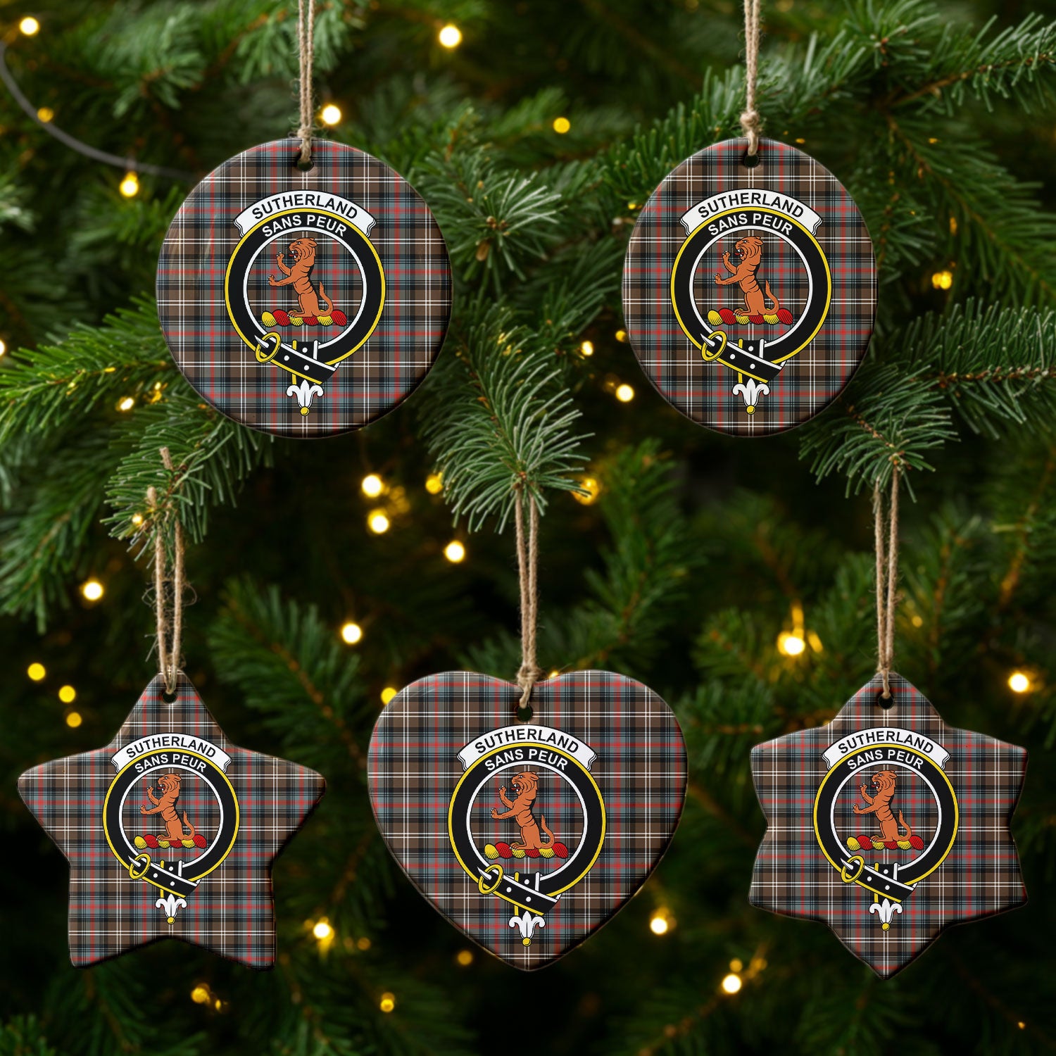 Sutherland Weathered Tartan Crest Christmas Ceramic Ornament