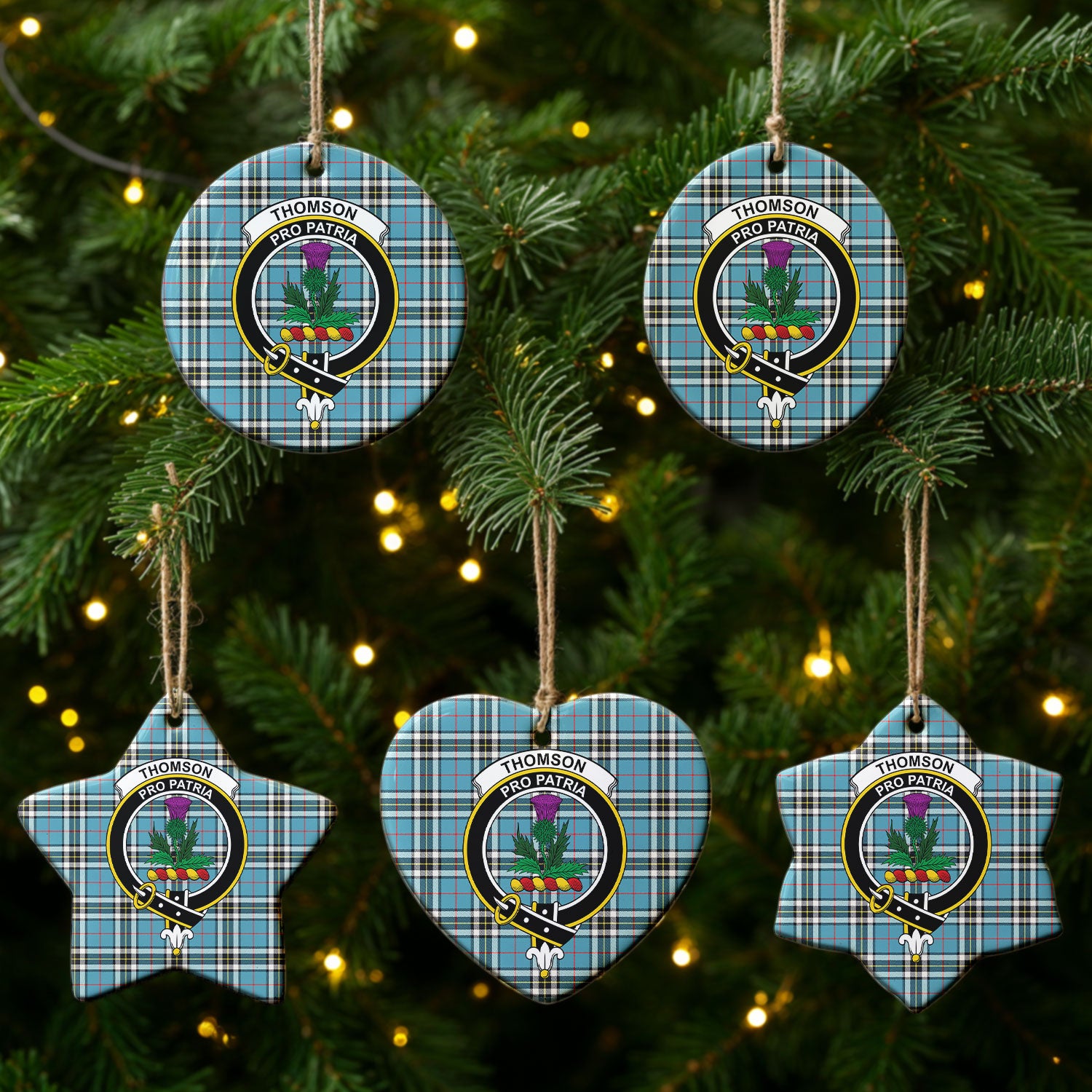 Thomson Blue Tartan Crest Christmas Ceramic Ornament