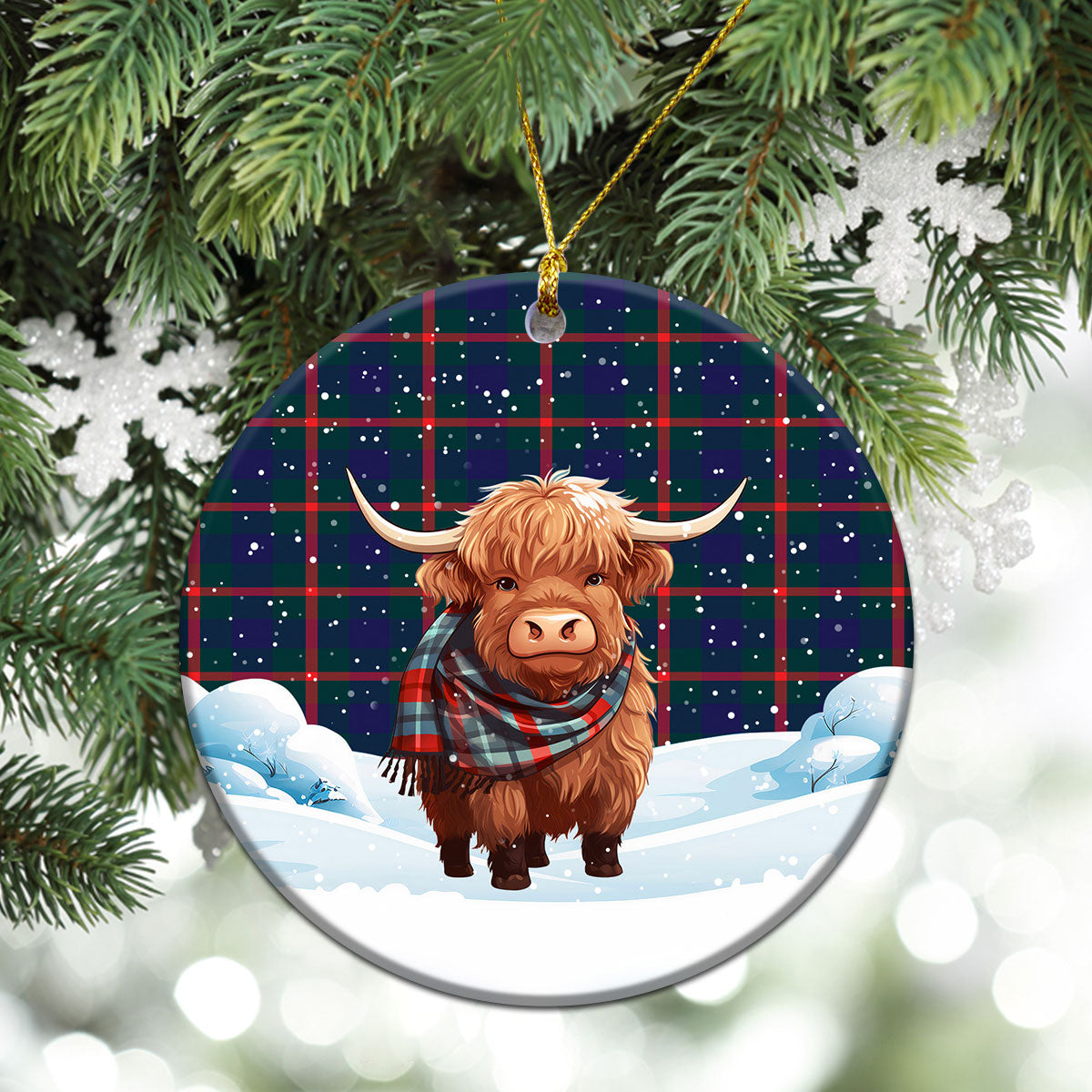 Agnew Modern Tartan Christmas Ceramic Ornament - Highland Cows Snow Style