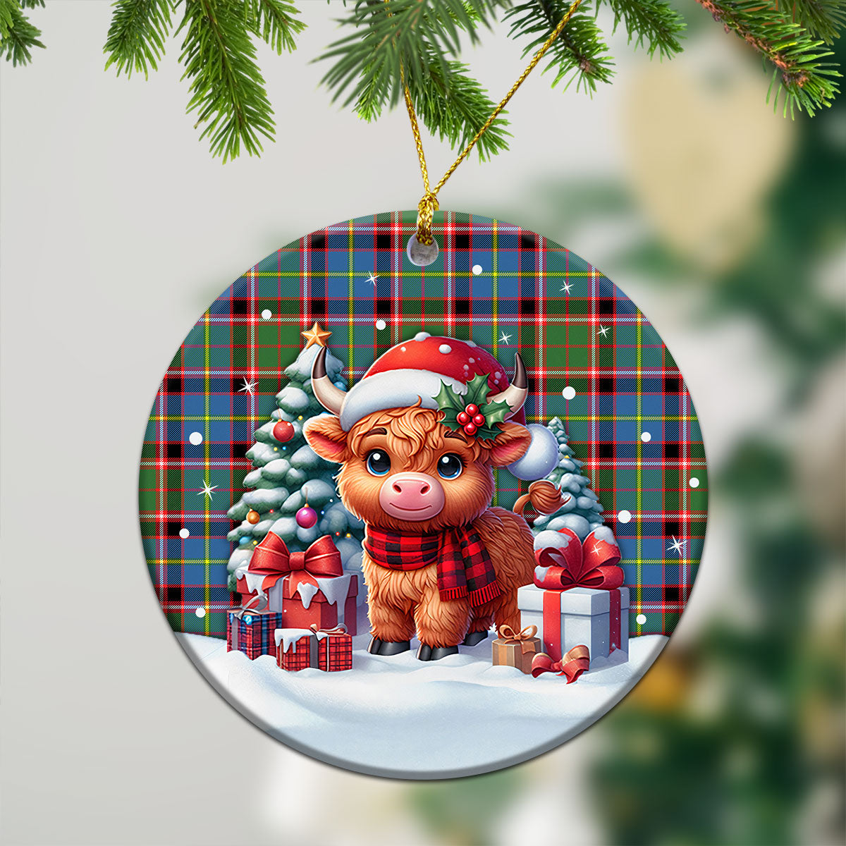 Aikenhead Tartan Christmas Ceramic Ornament - Highland Cow Winter Style