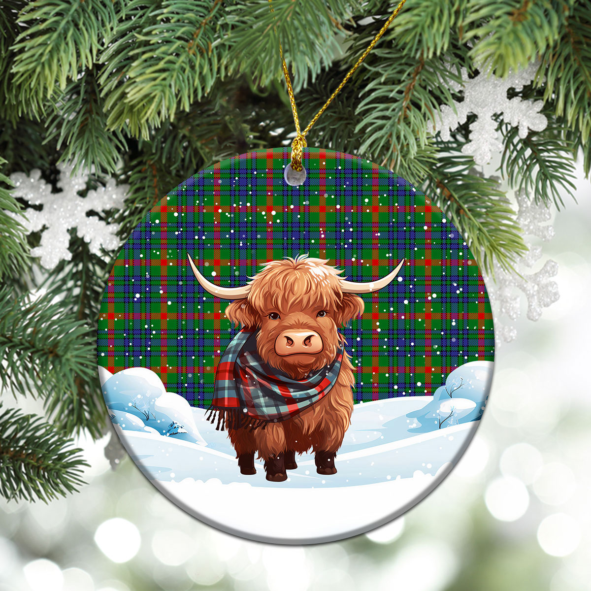 Aiton Tartan Christmas Ceramic Ornament - Highland Cows Snow Style