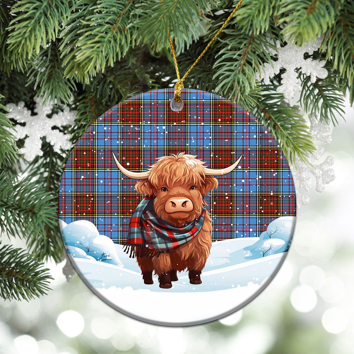 Anderson Modern Tartan Christmas Ceramic Ornament - Highland Cows Snow Style