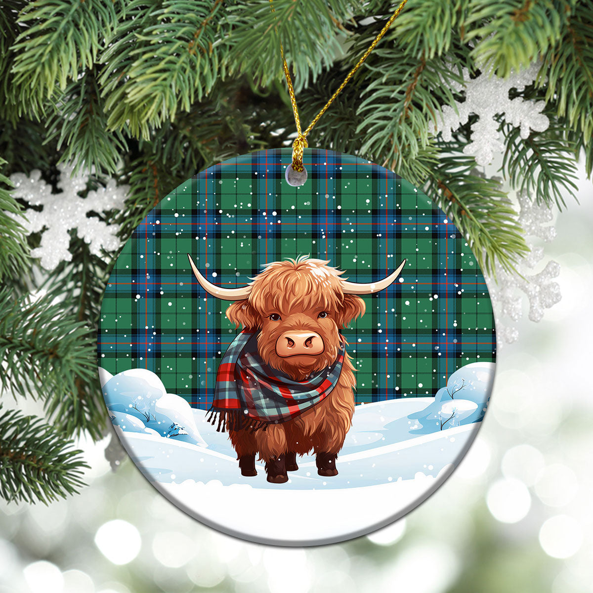 Armstrong Ancient Tartan Christmas Ceramic Ornament - Highland Cows Snow Style