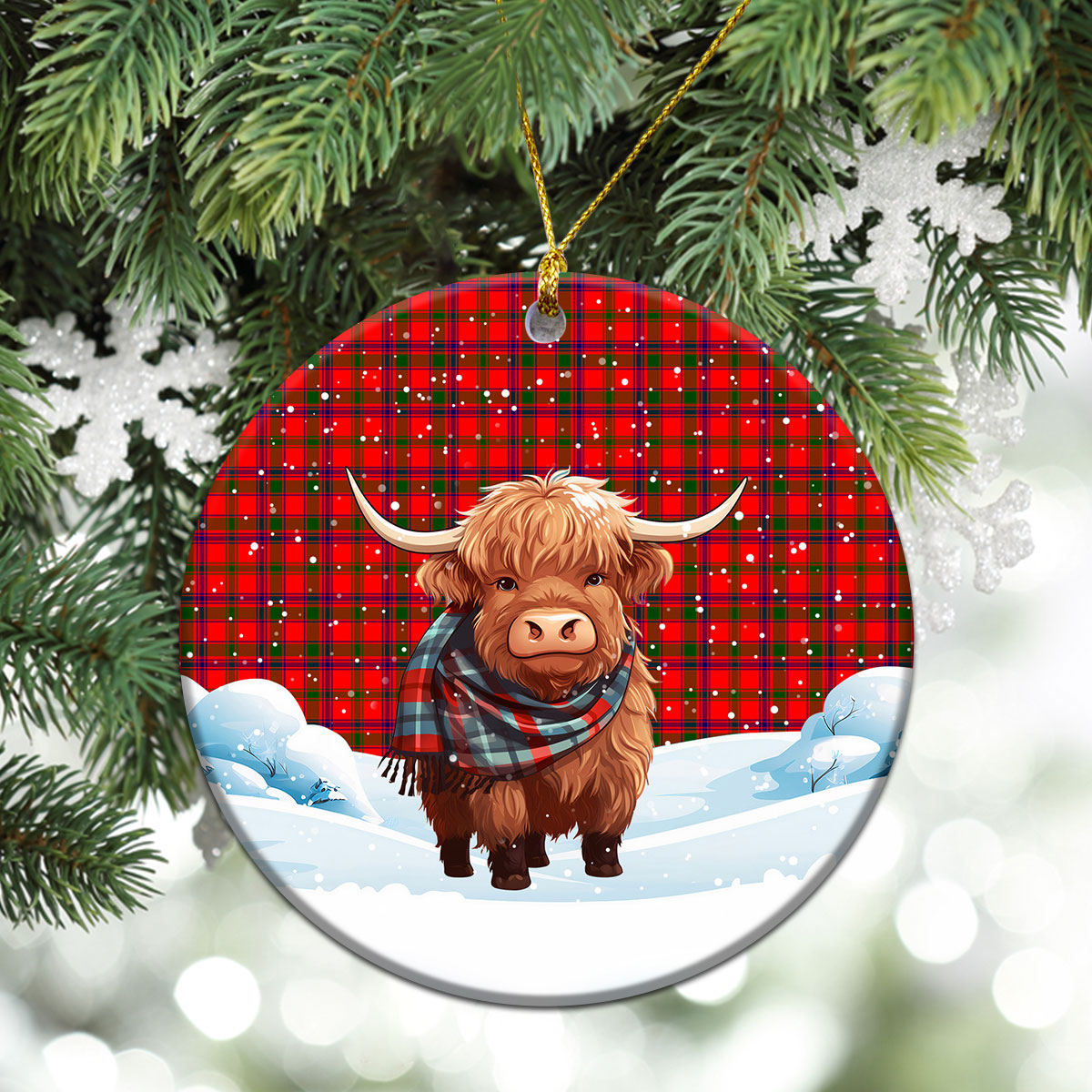 Bain Tartan Christmas Ceramic Ornament - Highland Cows Snow Style