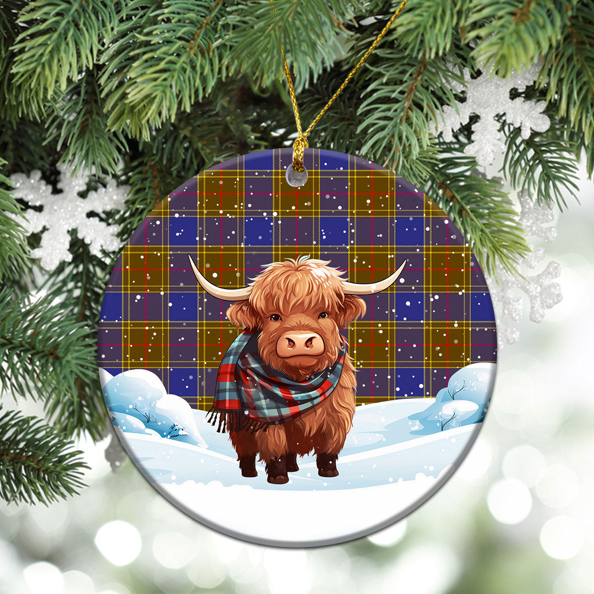 Balfour Modern Tartan Christmas Ceramic Ornament - Highland Cows Snow Style