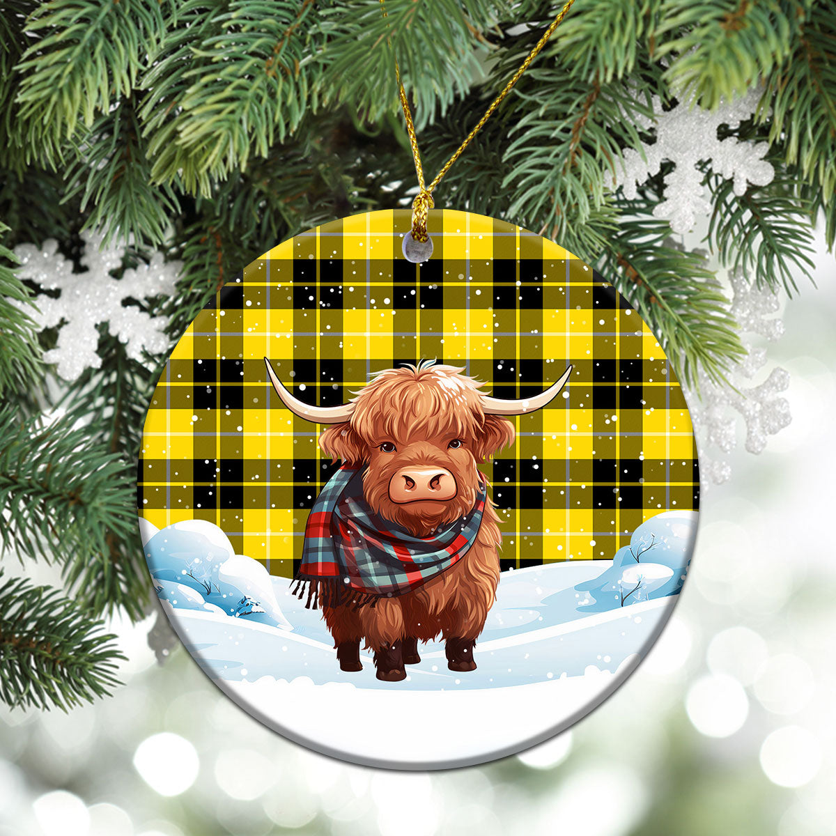 Barclay Dress Modern Tartan Christmas Ceramic Ornament - Highland Cows Snow Style