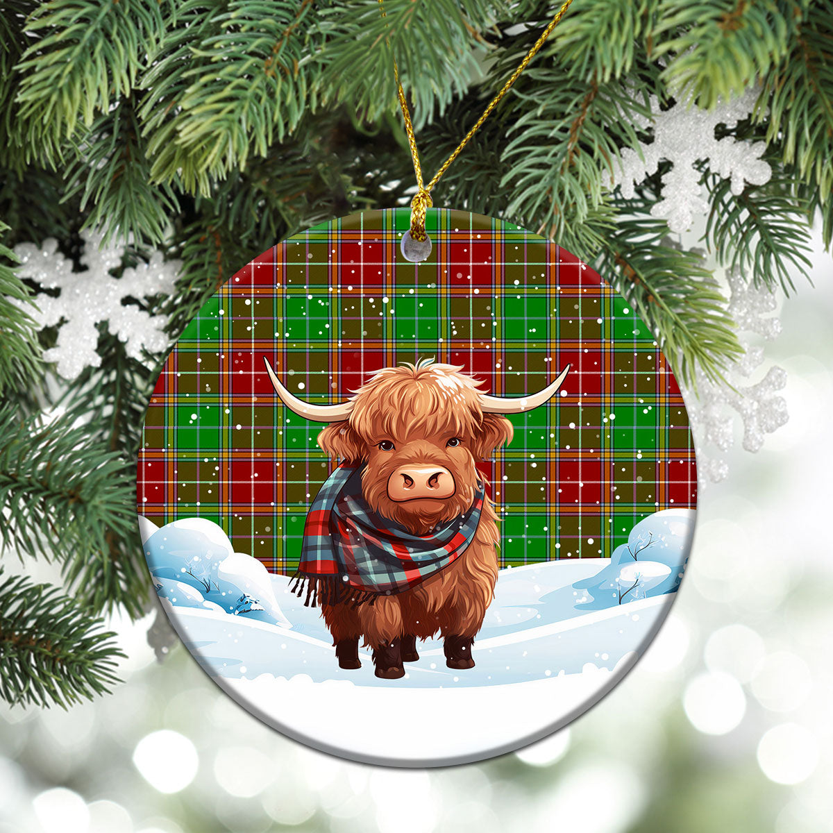 Baxter Modern Tartan Christmas Ceramic Ornament - Highland Cows Snow Style