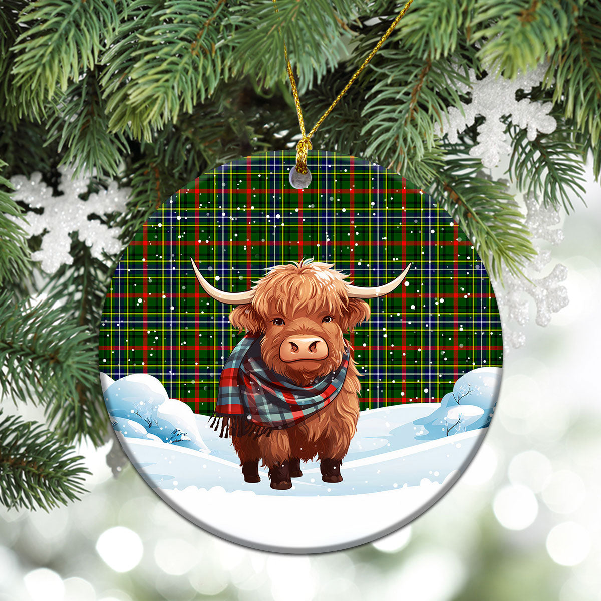 Bisset Tartan Christmas Ceramic Ornament - Highland Cows Snow Style