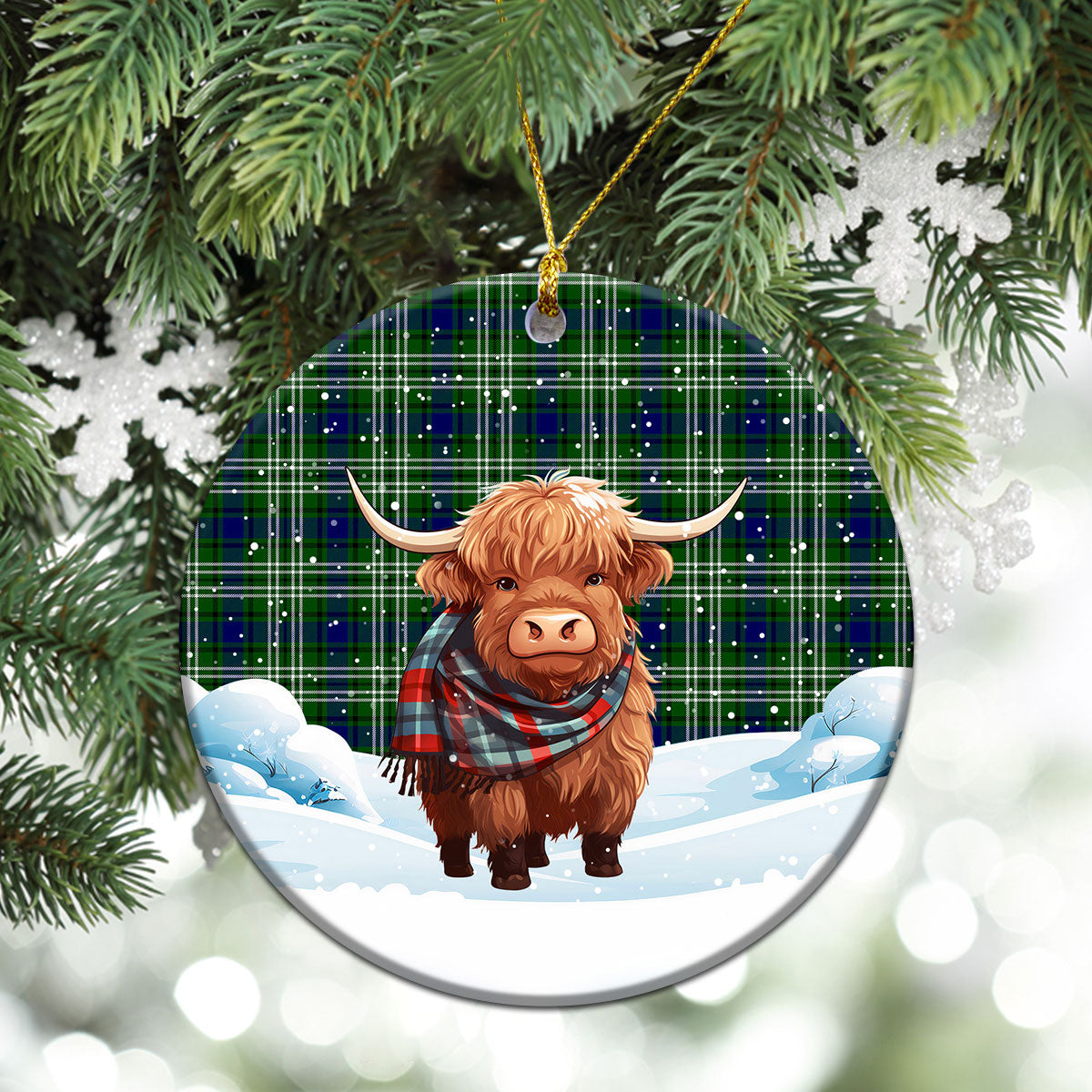 Blackadder Tartan Christmas Ceramic Ornament - Highland Cows Snow Style