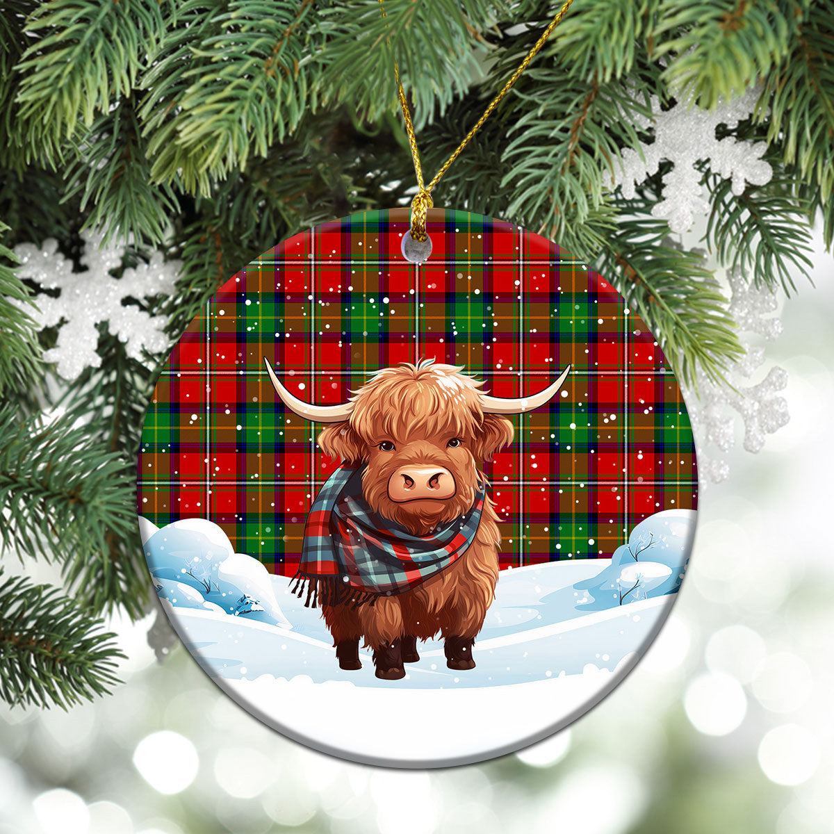 Boyd Modern Tartan Christmas Ceramic Ornament - Highland Cows Snow Style