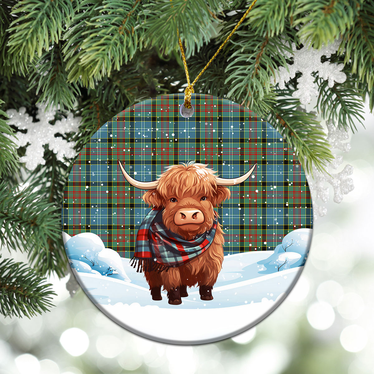 Brisbane Tartan Christmas Ceramic Ornament - Highland Cows Snow Style