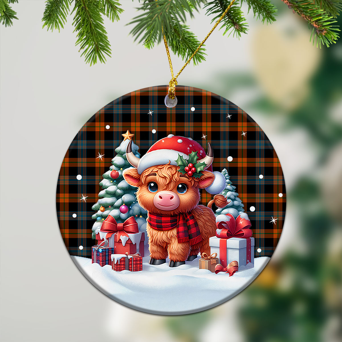 Broun Ancient Tartan Christmas Ceramic Ornament - Highland Cow Winter Style