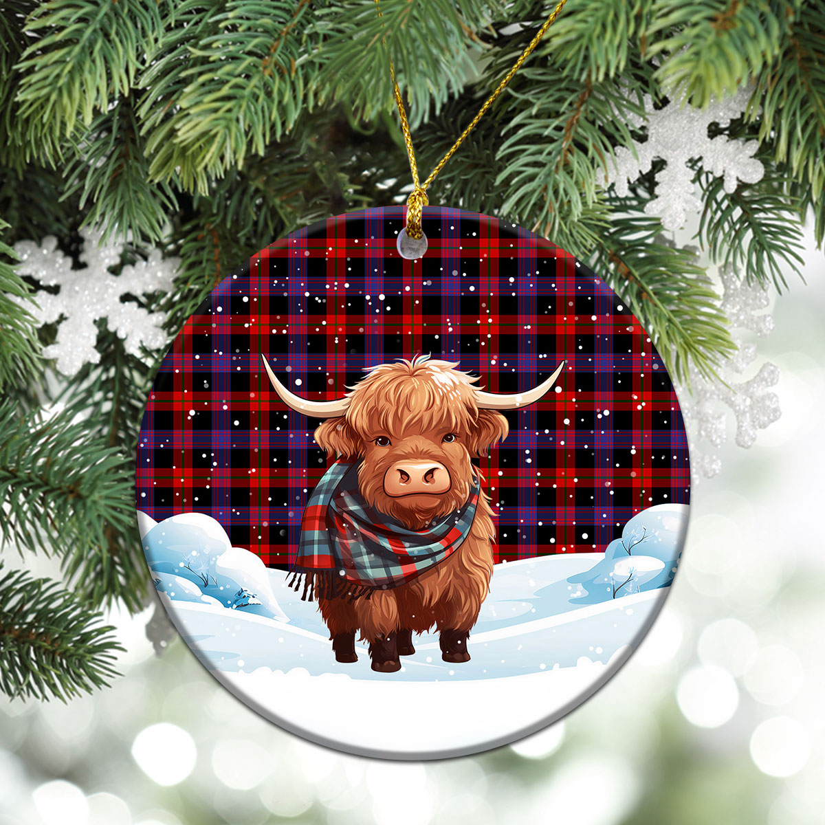 Broun Modern Tartan Christmas Ceramic Ornament - Highland Cows Snow Style