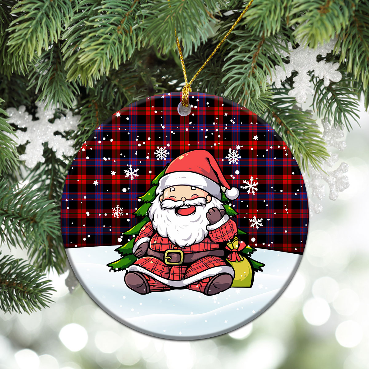 Brown Modern Tartan Christmas Ceramic Ornament - Scottish Santa Style