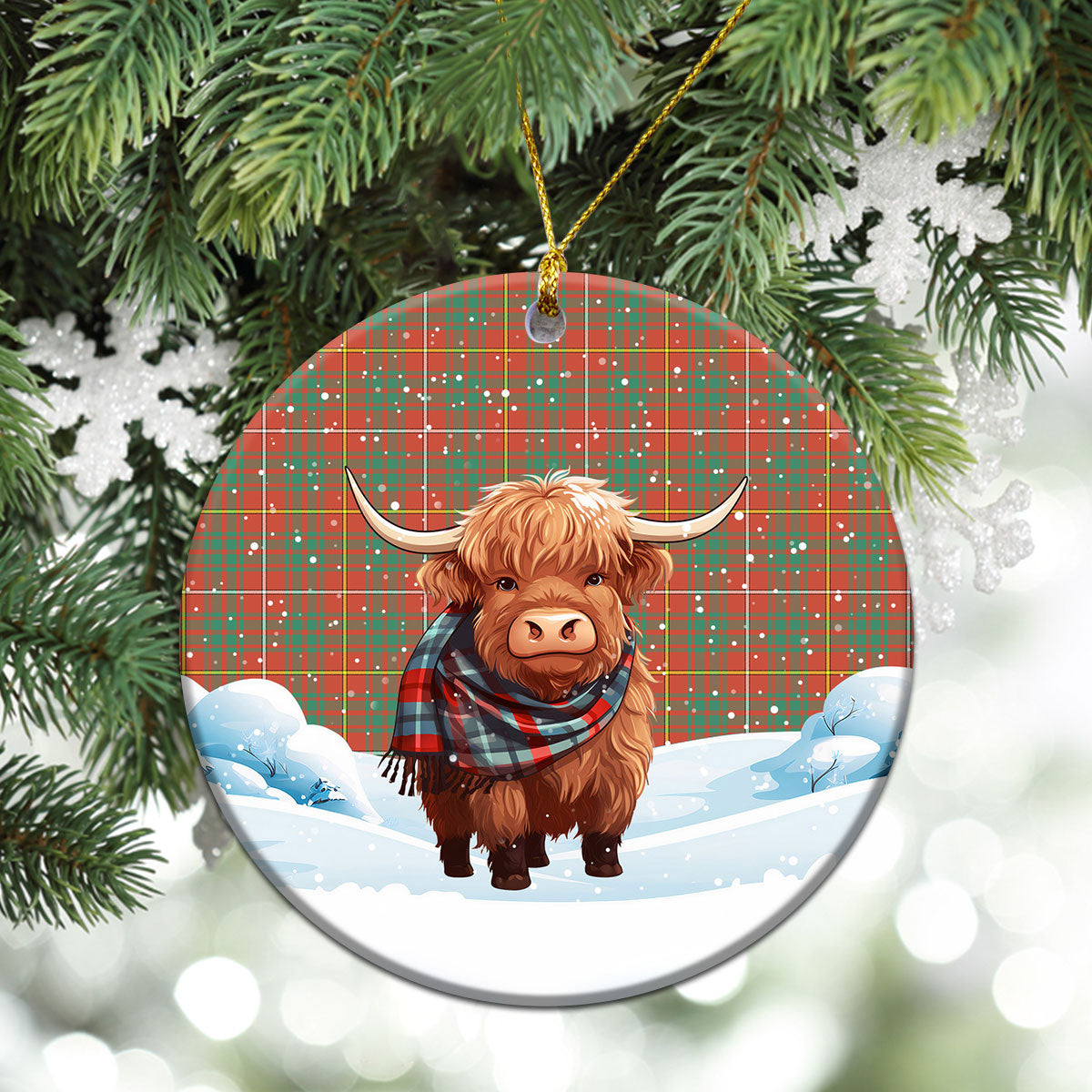 Bruce Ancient Tartan Christmas Ceramic Ornament - Highland Cows Snow Style